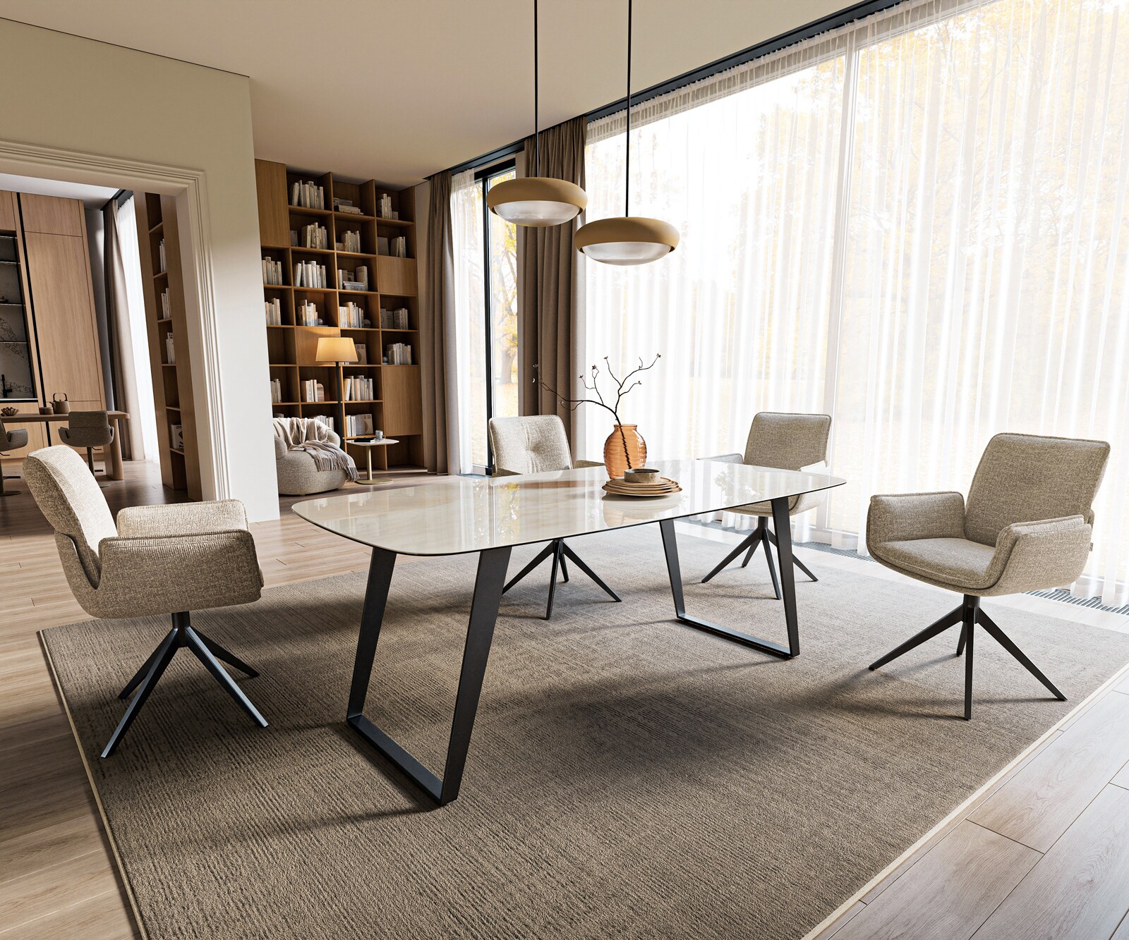 Stół do jadalni Edge w kształcie beczki 200x100 cm ceramika Onyx Champagne rama pochylona metal czarny 6