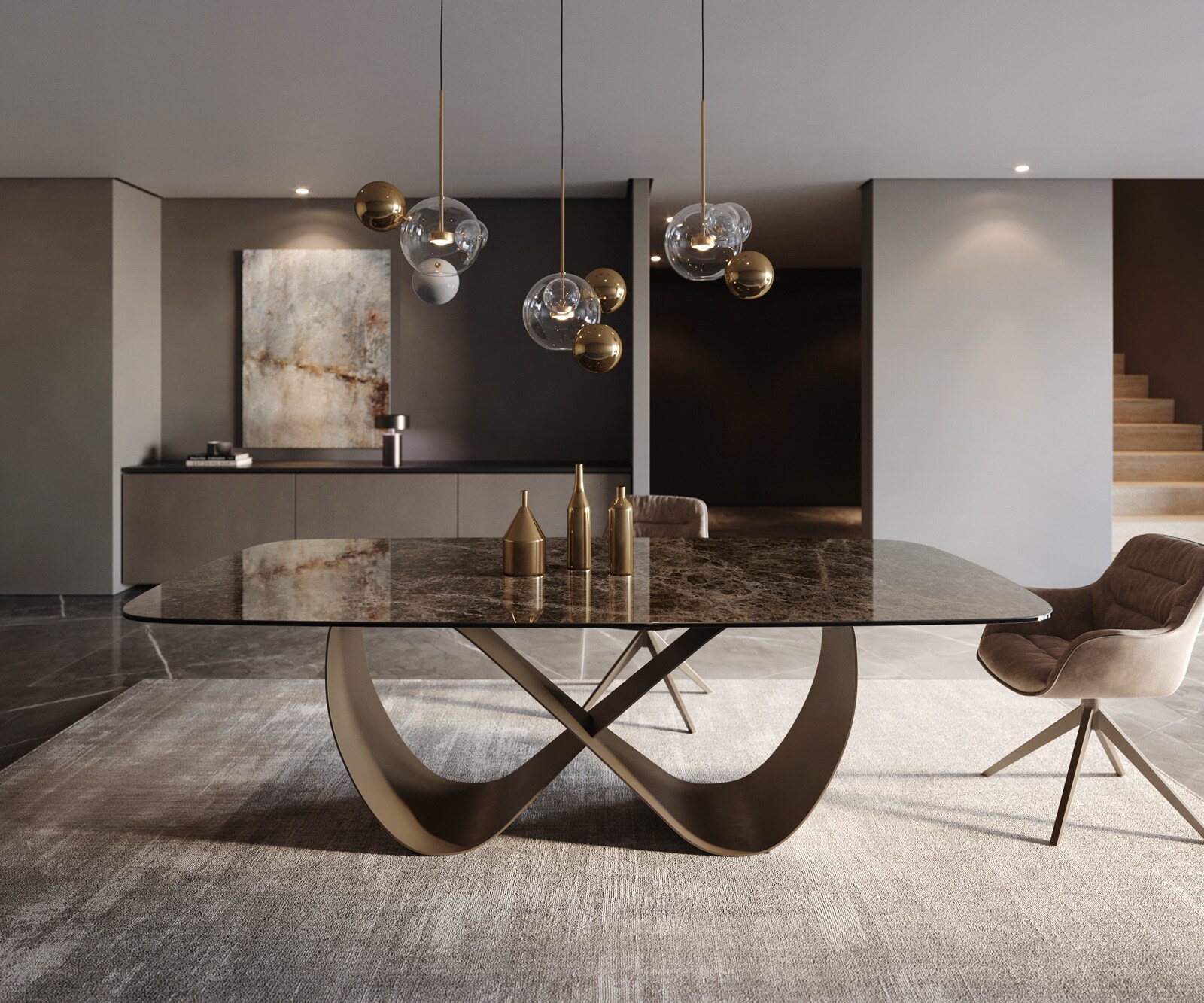Stół do jadalni Edge kształt beczki 240x120cm ceramika Emperador Extra Lucidato ciemnobrązowy rama Infinity metal kolor tytanowy 2