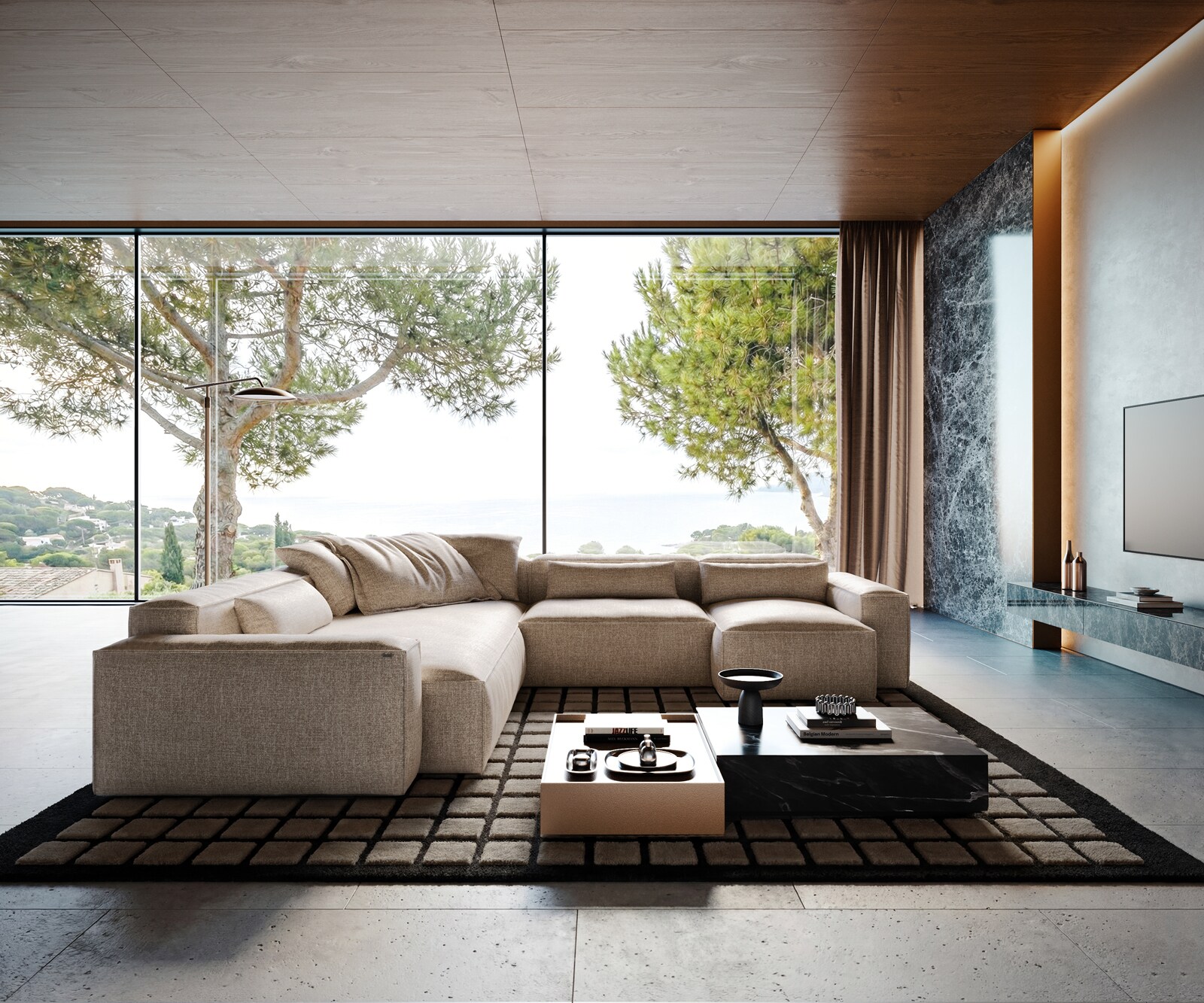 Sofa w kształcie litery U Freestyle 360x290 cm miękka tkanina beżowa z lamówką 3