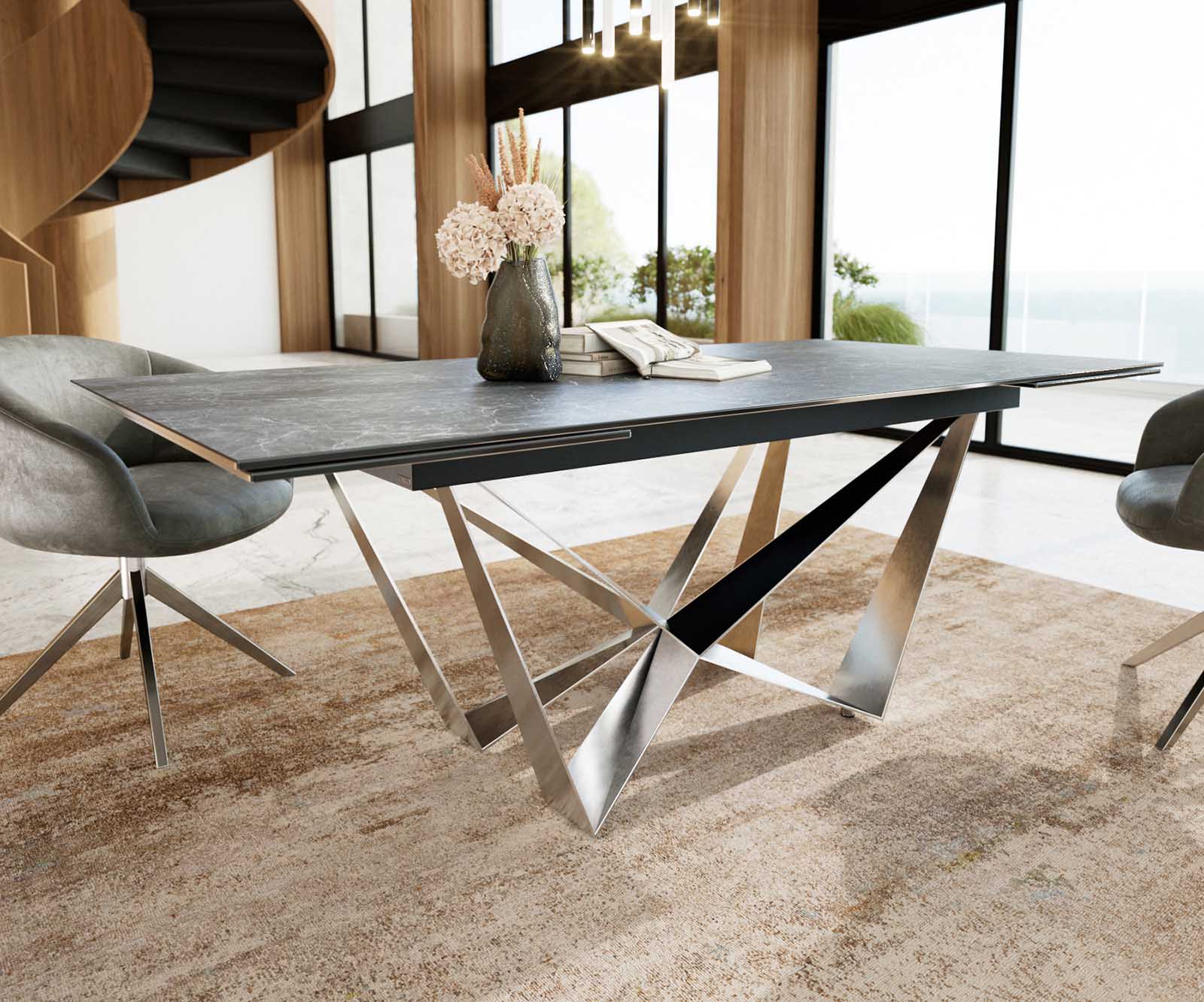 Stół do jadalni Edge 200-300x100 cm ceramika Laminam® Nero Greco antracyt rama Spider stal nierdzewna rozkładany 3