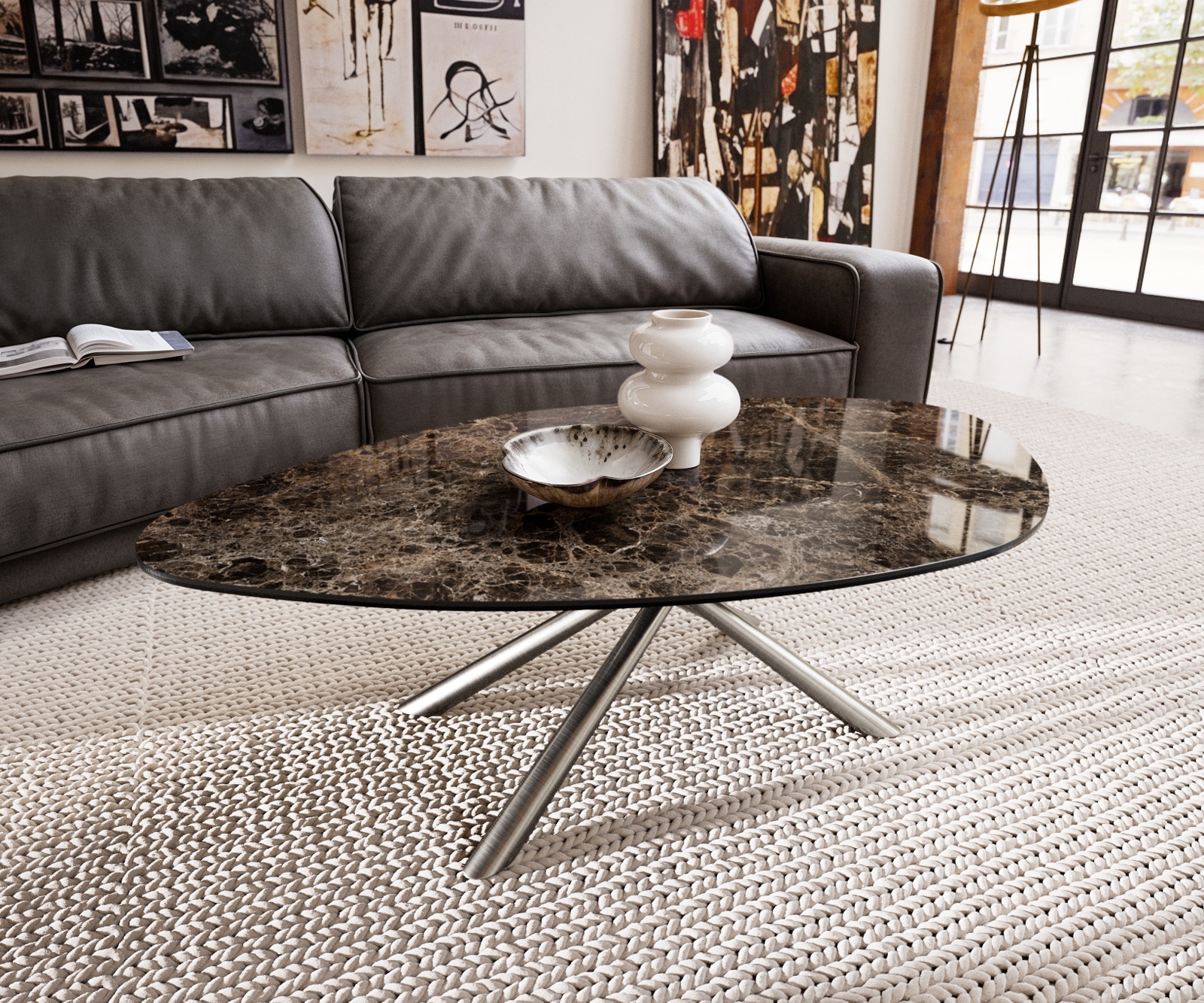 Stolik kawowy Edge kształt organiczny 140x76 cm ceramika Laminam® Emperador Extra Lucidato ciemnobrązowa podstawa Sarity stal nierdzewna szczotkowana 1