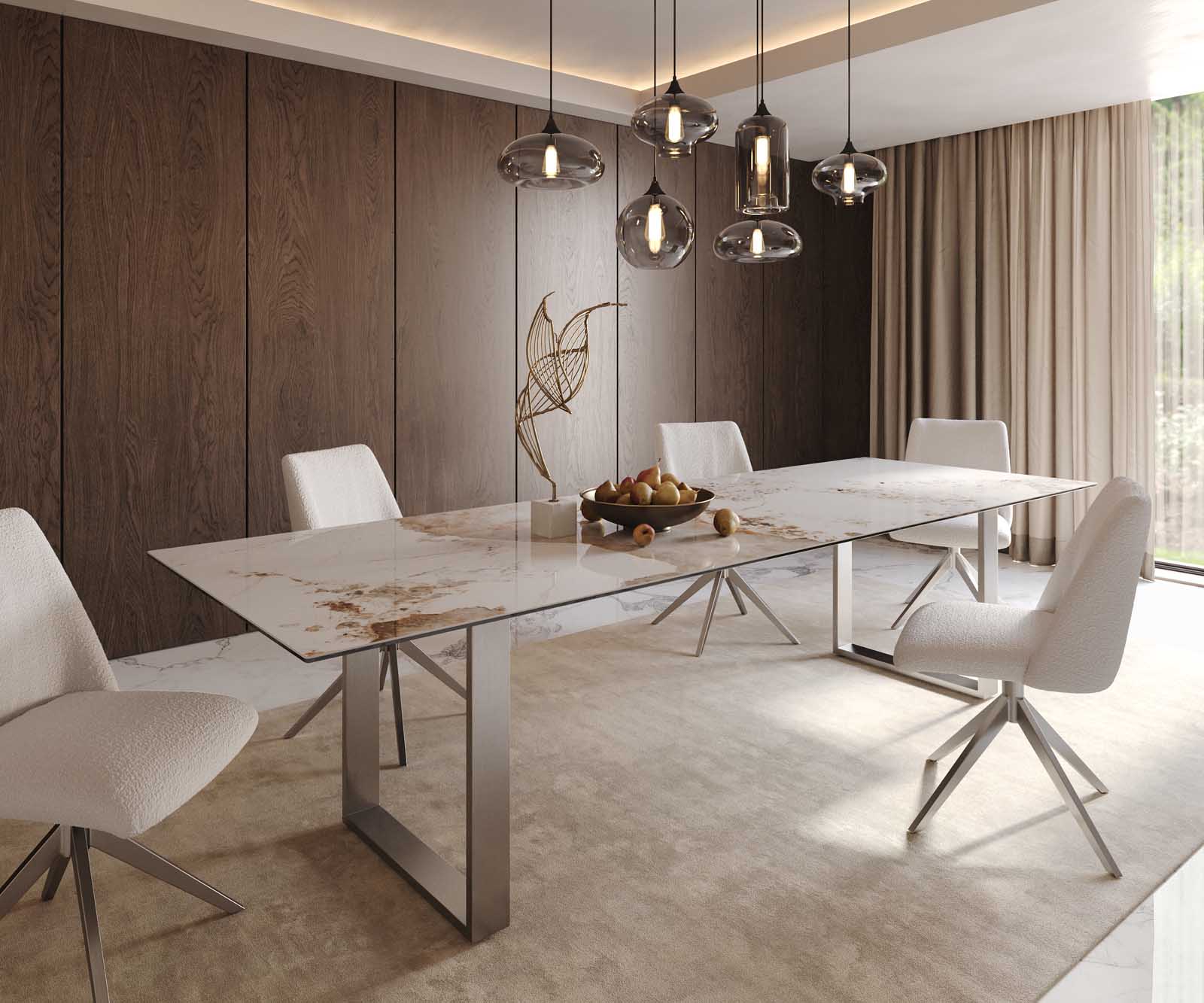 Stół do jadalni Edge 300x100cm ceramika Minas Melange biało-beżowy stal nierdzewna wąska rama