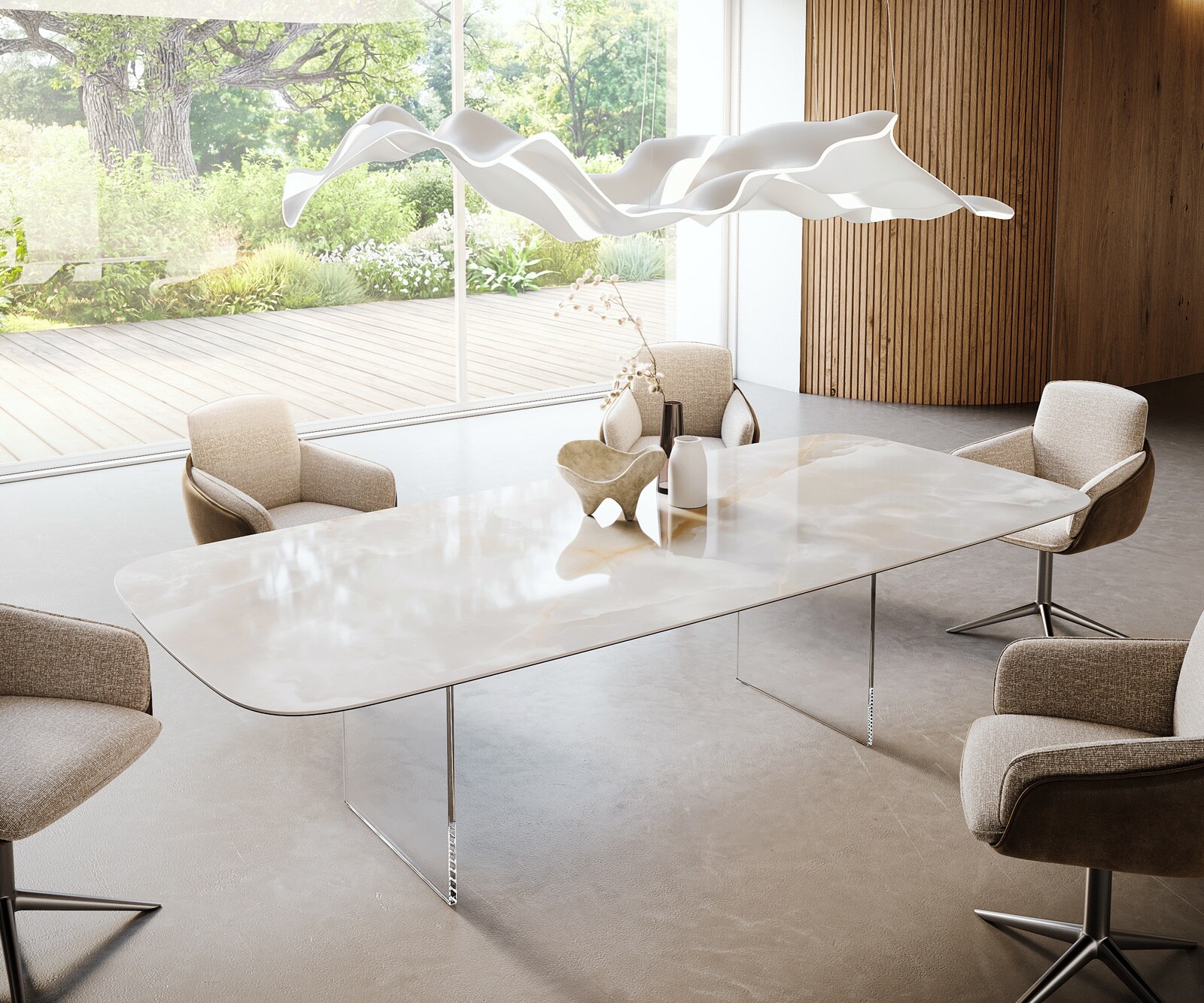 Stół do jadalni Edge w kształcie beczki 270x120 cm ceramika Iris FMG Onice Grigio rama szklana 1