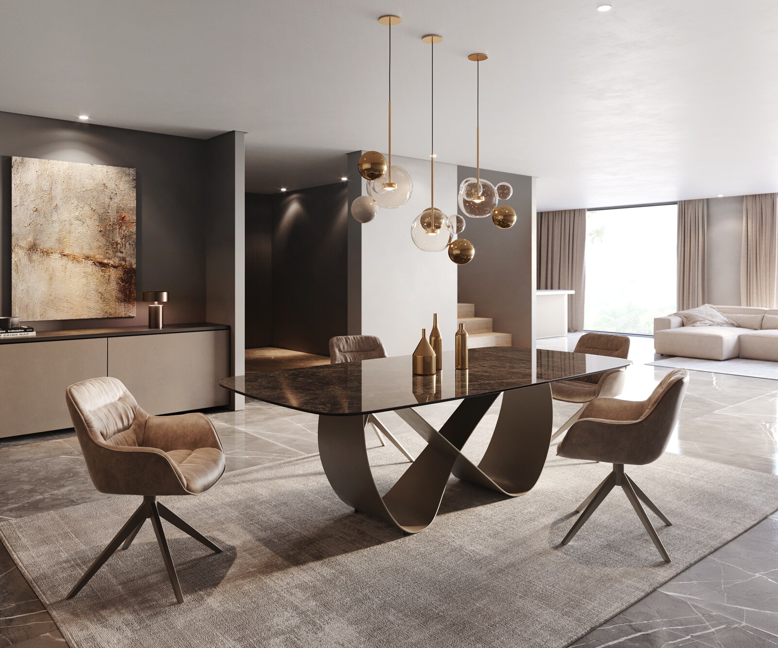 Stół do jadalni Edge kształt beczki 240x120cm ceramika Emperador Extra Lucidato ciemnobrązowy rama Infinity metal kolor tytanowy 6
