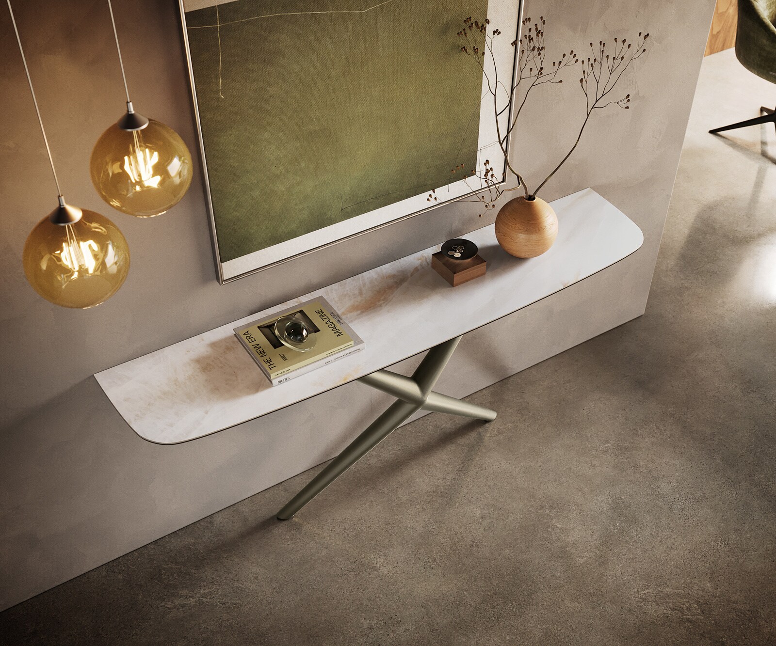 Konsola Edge w kształcie beczki 180x40 cm ceramika Onyx Pearl rama Estelo metal w kolorze tytanu 2