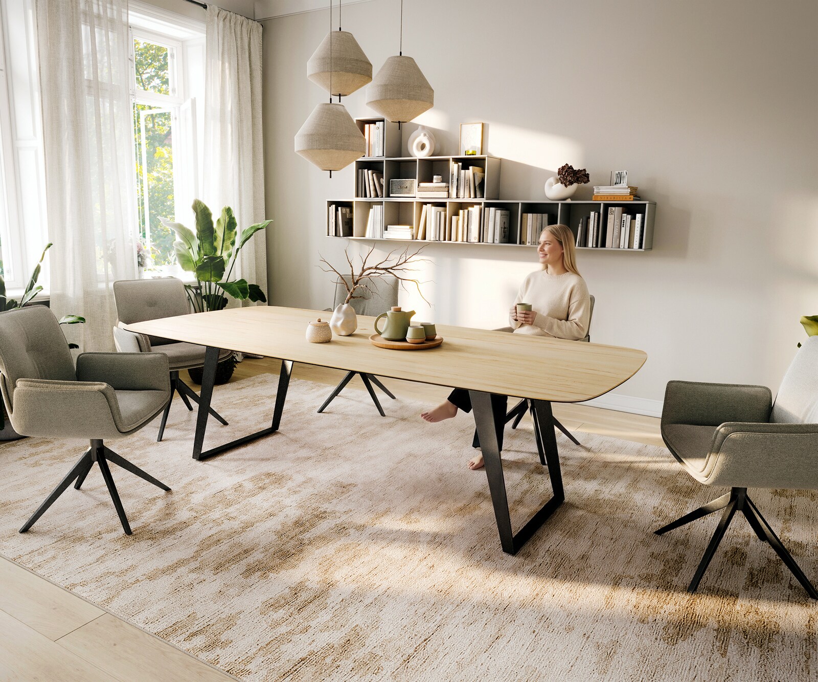 Stół do jadalni Edge w kształcie beczki 260x120 cm ceramika Laminam® Sabbia w kolorze dębu rama pochylona metal czarny 6