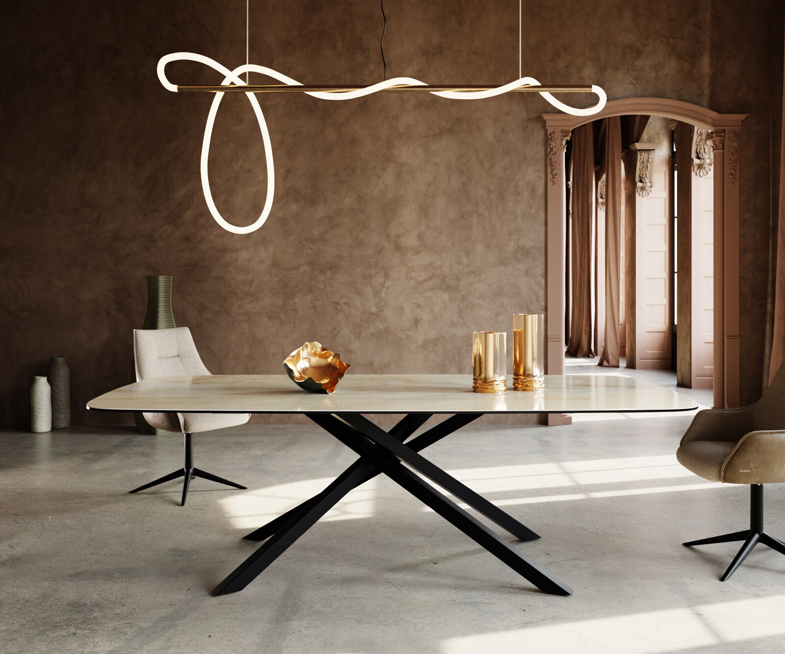 Stół do jadalni Edge w kształcie beczki 240x120cm ceramika Iris FMG Onice Oro rama Cross czarny 1