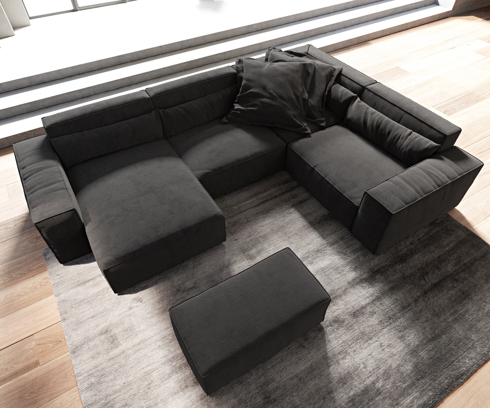 Sofa w kształcie litery U Sirpio 300x210 cm mikrofibra czarna szezlong z możliwością obustronnego montażu z pufem 4