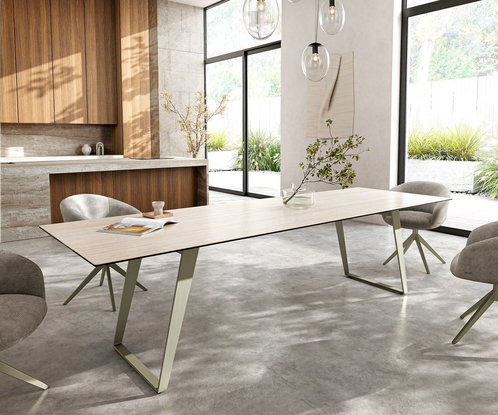 Stół do jadalni Edge 300x100cm ceramika Laminam® Travertino Bianco kremowo-biały rama pochylona metal kolor tytanowy