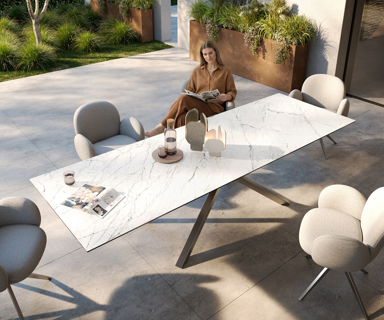 Stół ogrodowy Edge 300x100 cm ceramika Laminam® Statuarietto biały rama Cross stal nierdzewna 3