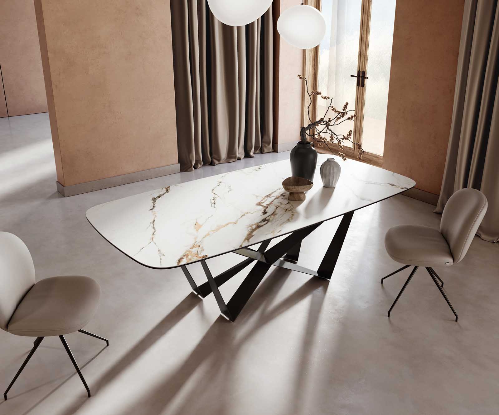 Stół do jadalni Edge kształt beczki 240x120cm ceramika Calacatta Luxe biało-złoto-szary rama Spider metal czarna 4