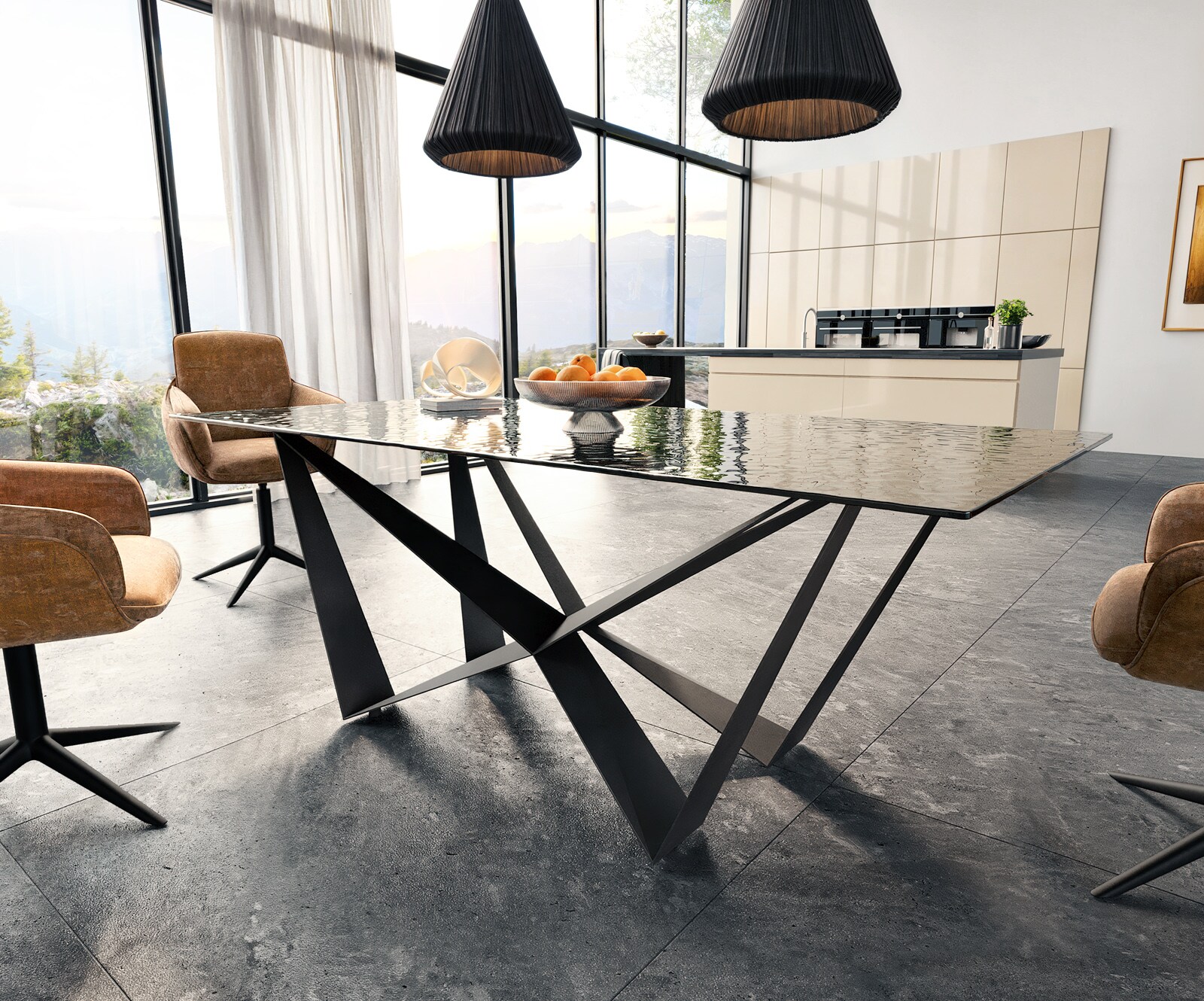 Stół do jadalni Edge 200x100 cm szkło reliefowe czarne efekt 3D rama Spider metal czarna 3