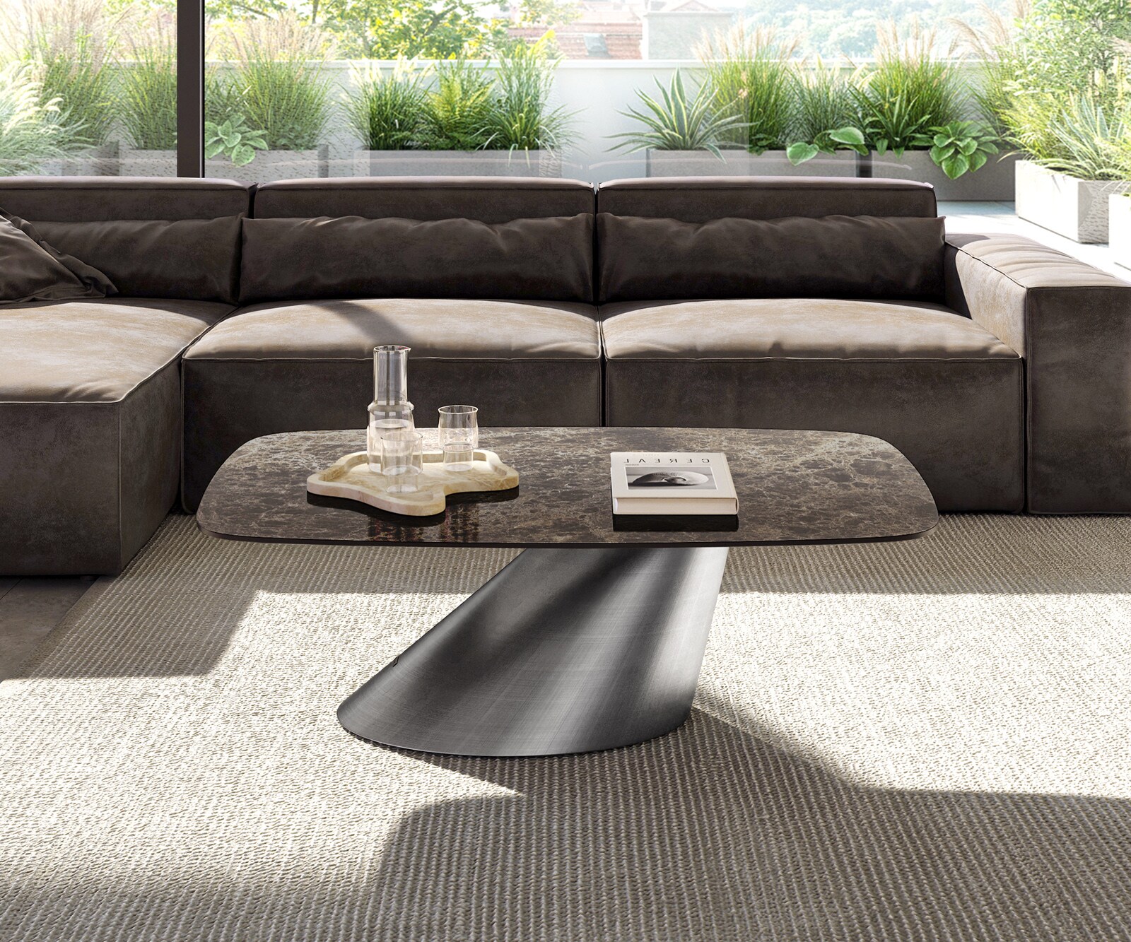 Stolik kawowy Edge w kształcie beczki 120x70 cm ceramika Laminam® Emperador Extra Lucidato ciemnobrązowy Conis srebrny metaliczny 1