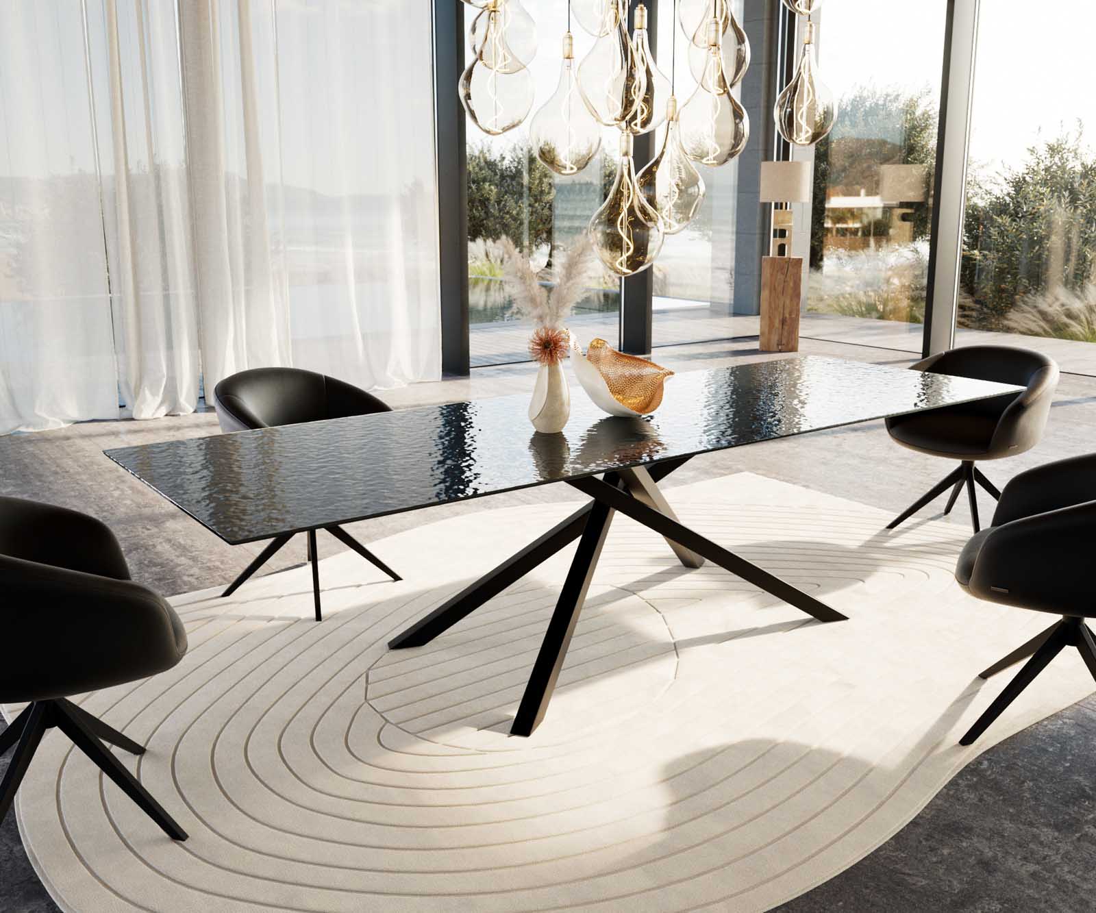 Stół do jadalni Edge 300x100cm szkło reliefowe czarne efekt 3D rama Cross czarna