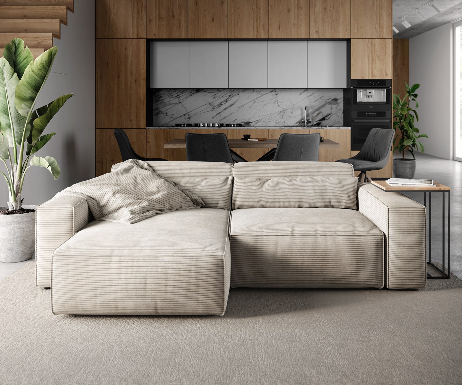 Sofa narożna Sirpio 230x155 cm sztruks beżowy szezlong z możliwością obustronnego montażu 1