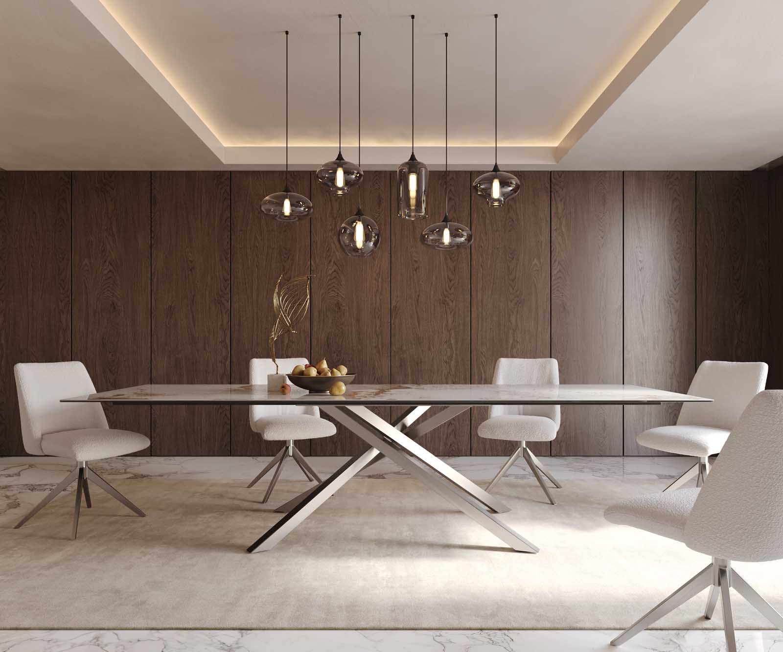 Stół do jadalni Edge 300x100cm ceramika Minas Melange biało-beżowy rama Cross stal nierdzewna 2