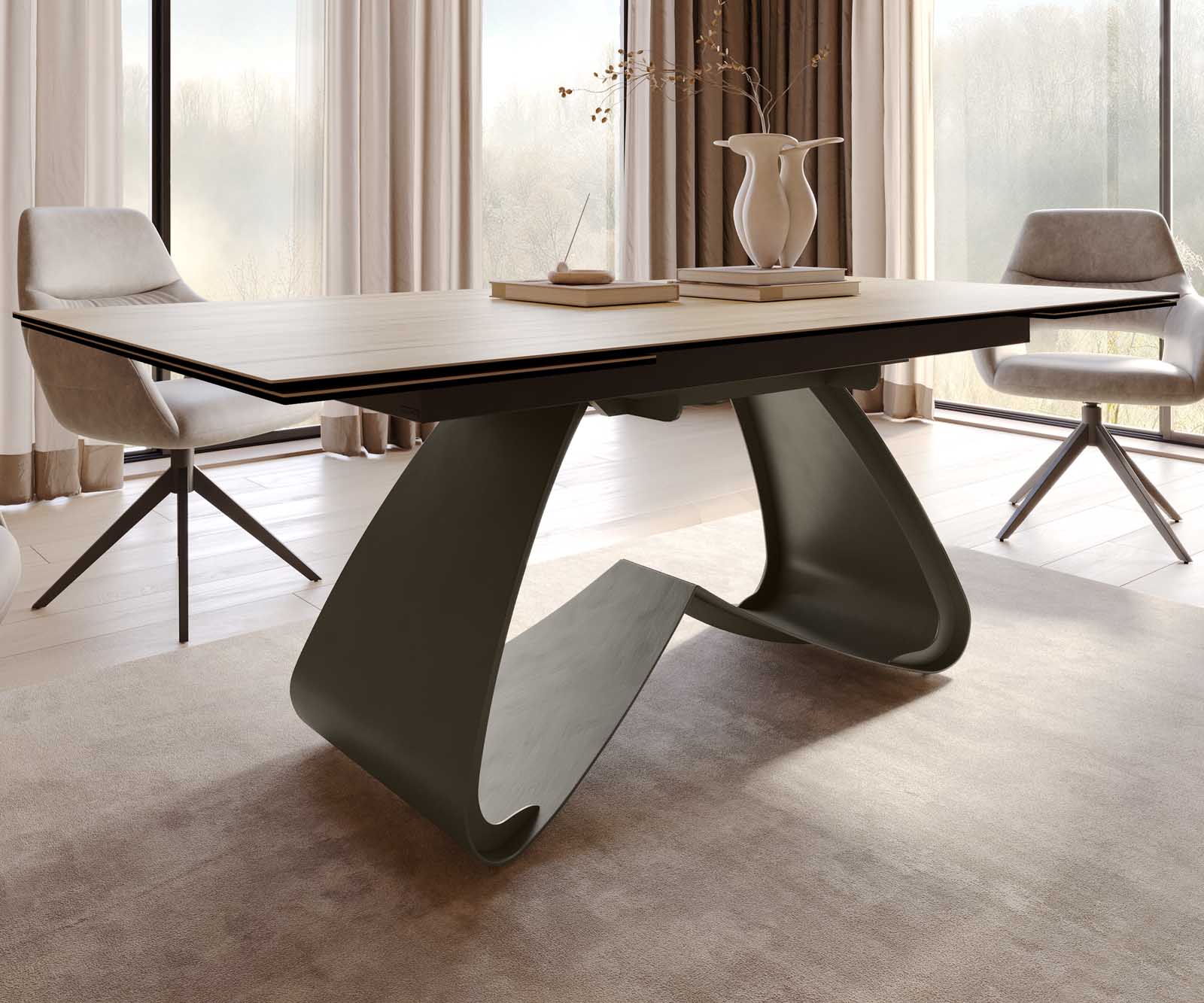 Stół do jadalni Edge 200-300x100 cm ceramika Laminam® Sabbia kolor dębu rama W kolor tytanowy rozkładany 6