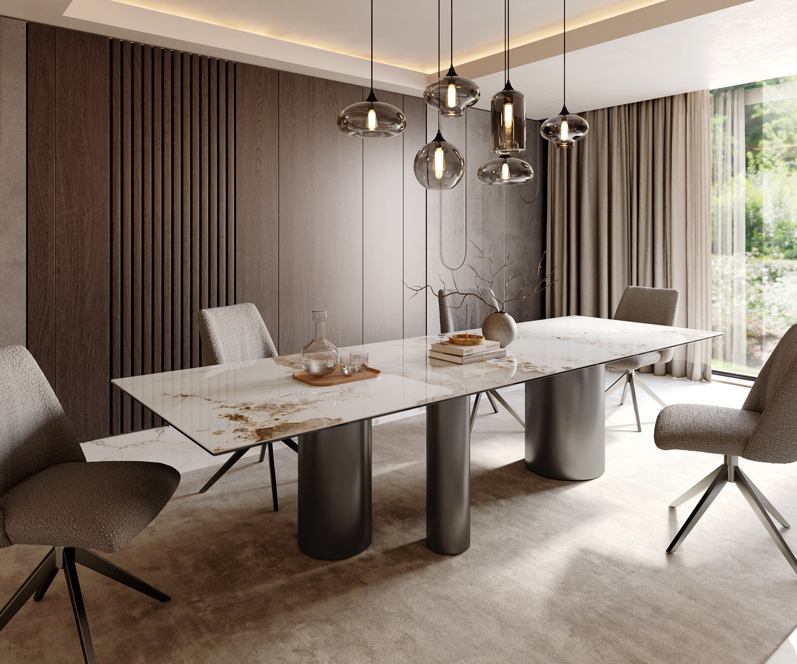 Stół do jadalni Edge 300x100cm ceramika Minas Melange biało-beżowy rama Troa stal nierdzewna grafit