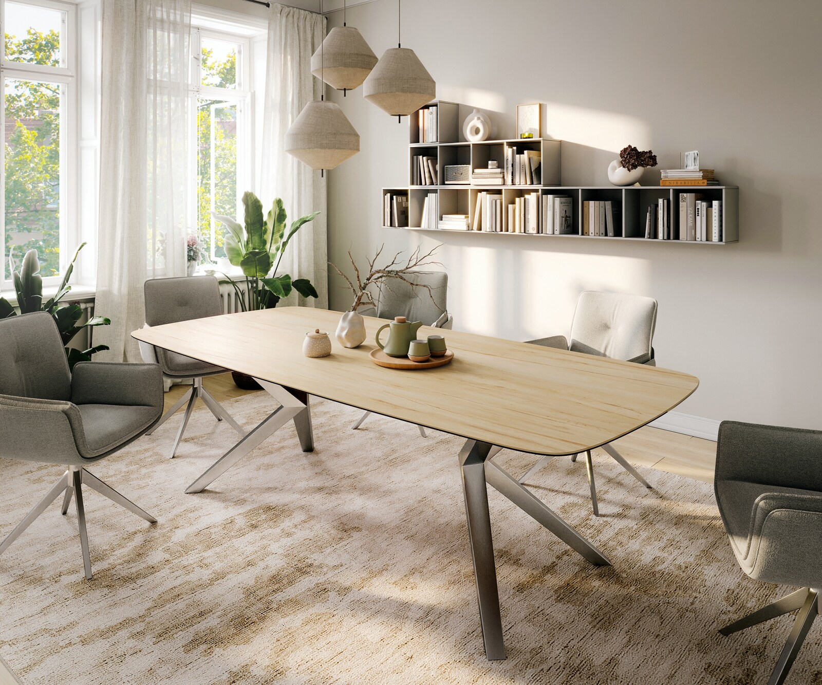 Stół do jadalni Edge w kształcie beczki 260x120 cm ceramika Laminam® Sabbia w kolorze dębu rama Zenthara stal nierdzewna 1