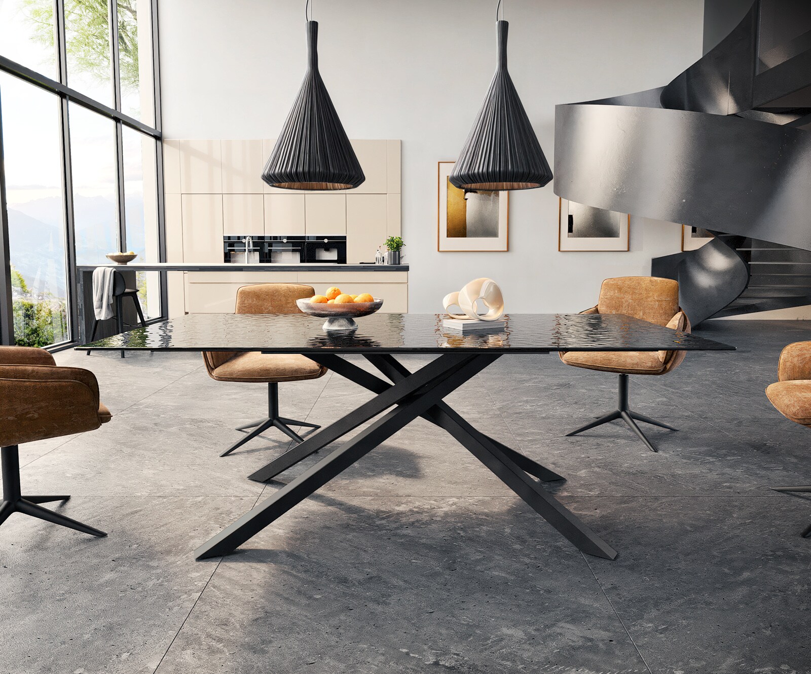 Stół do jadalni Edge 200x100 cm szkło reliefowe czarne efekt 3D rama Cross czarna 2