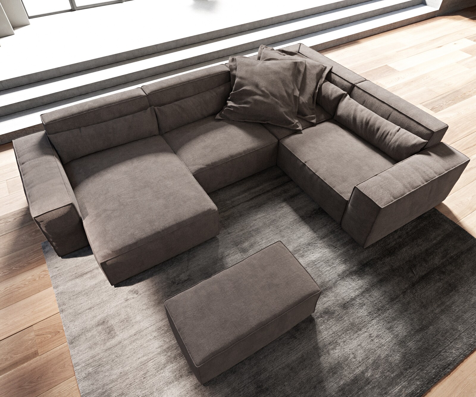 Sofa w kształcie litery U Sirpio 300x210 cm mikrofibra khaki-brązowa szezlong z możliwością obustronnego montażu z pufem 4