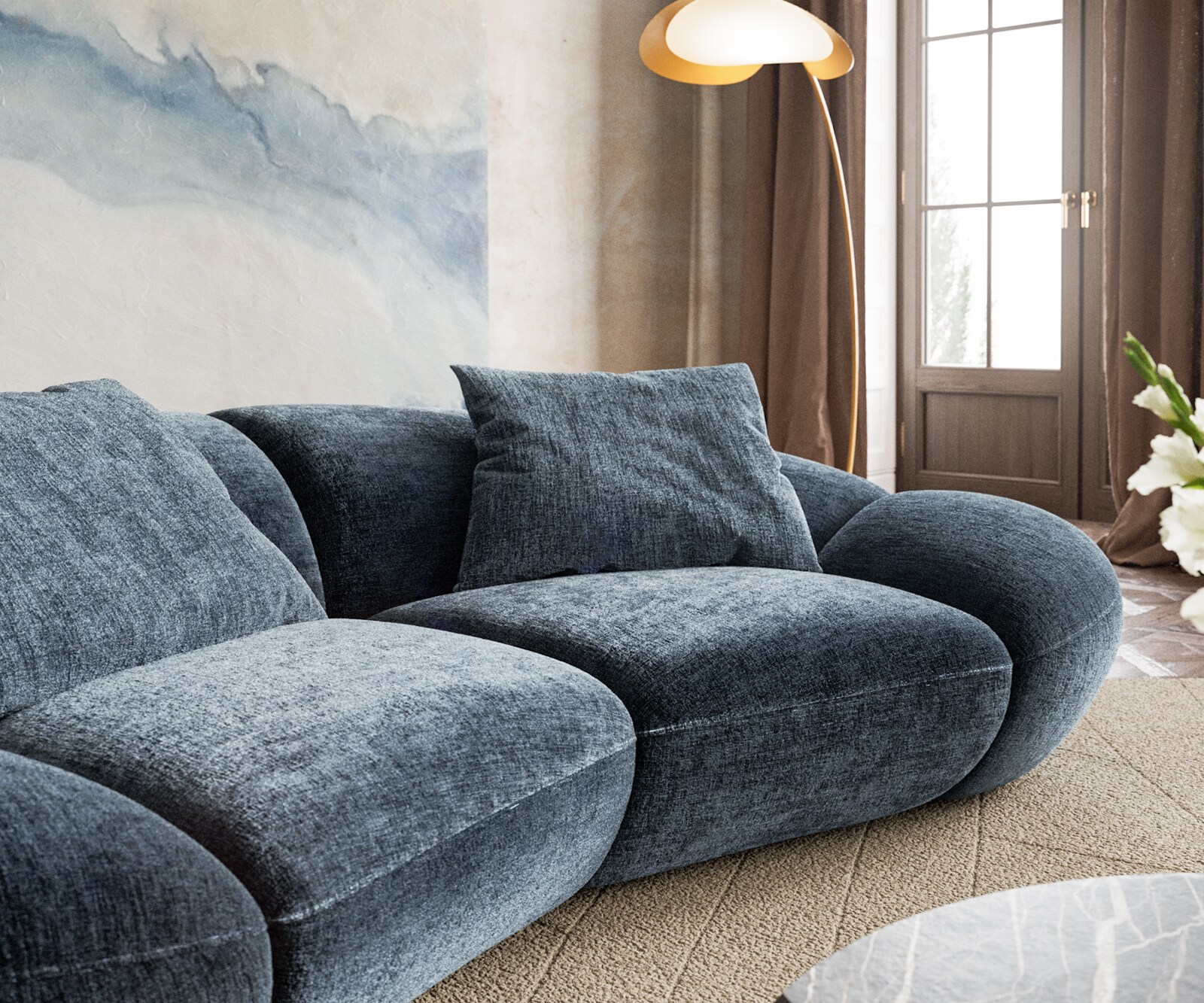 Sofa Lunna 280x70 cm szenil niebieski 2 poduszki 4