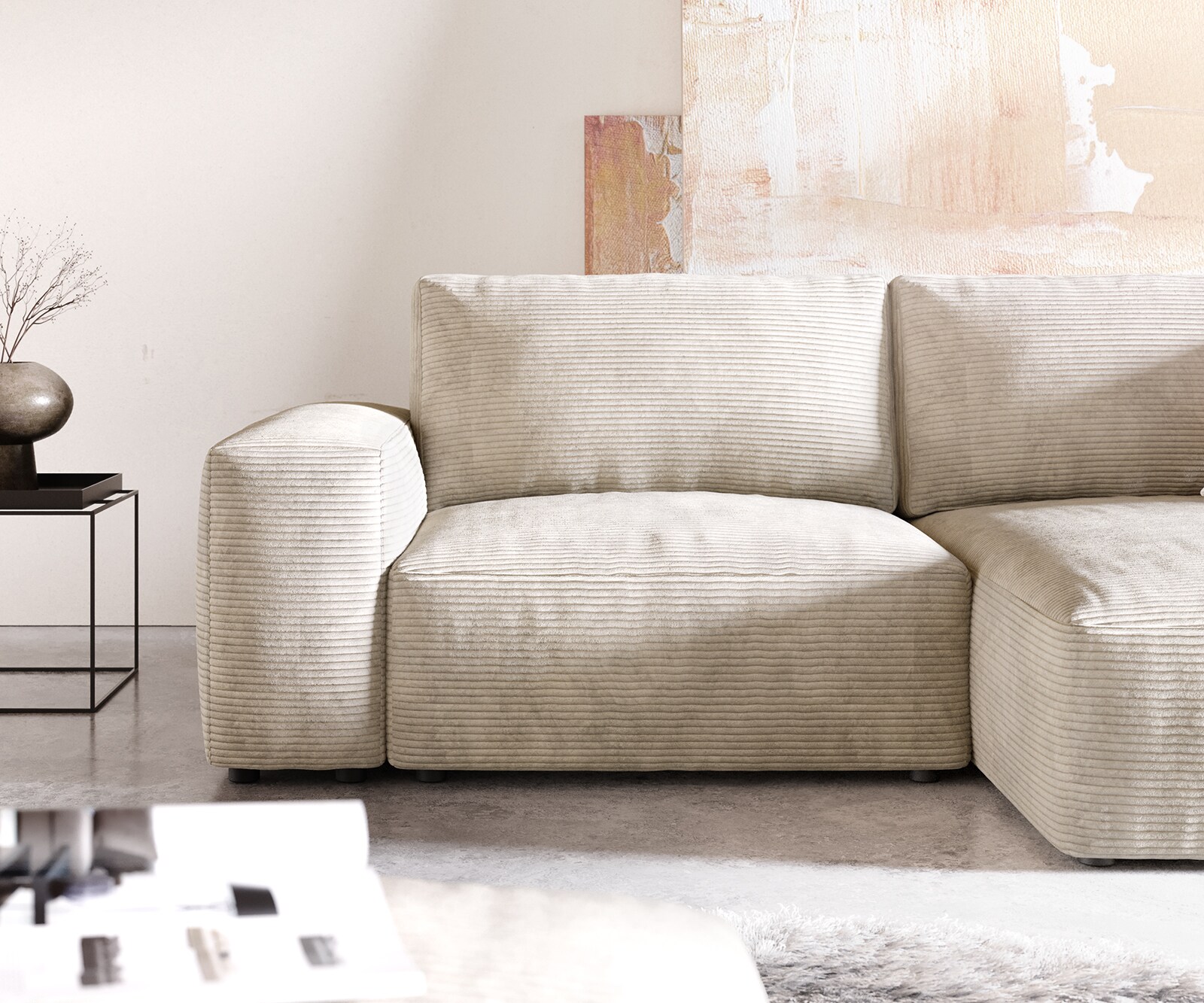 Sofa narożna Lanzo 230x155 cm sztruks beżowy szezlong z możliwością zmiennego montażu z pufem 4