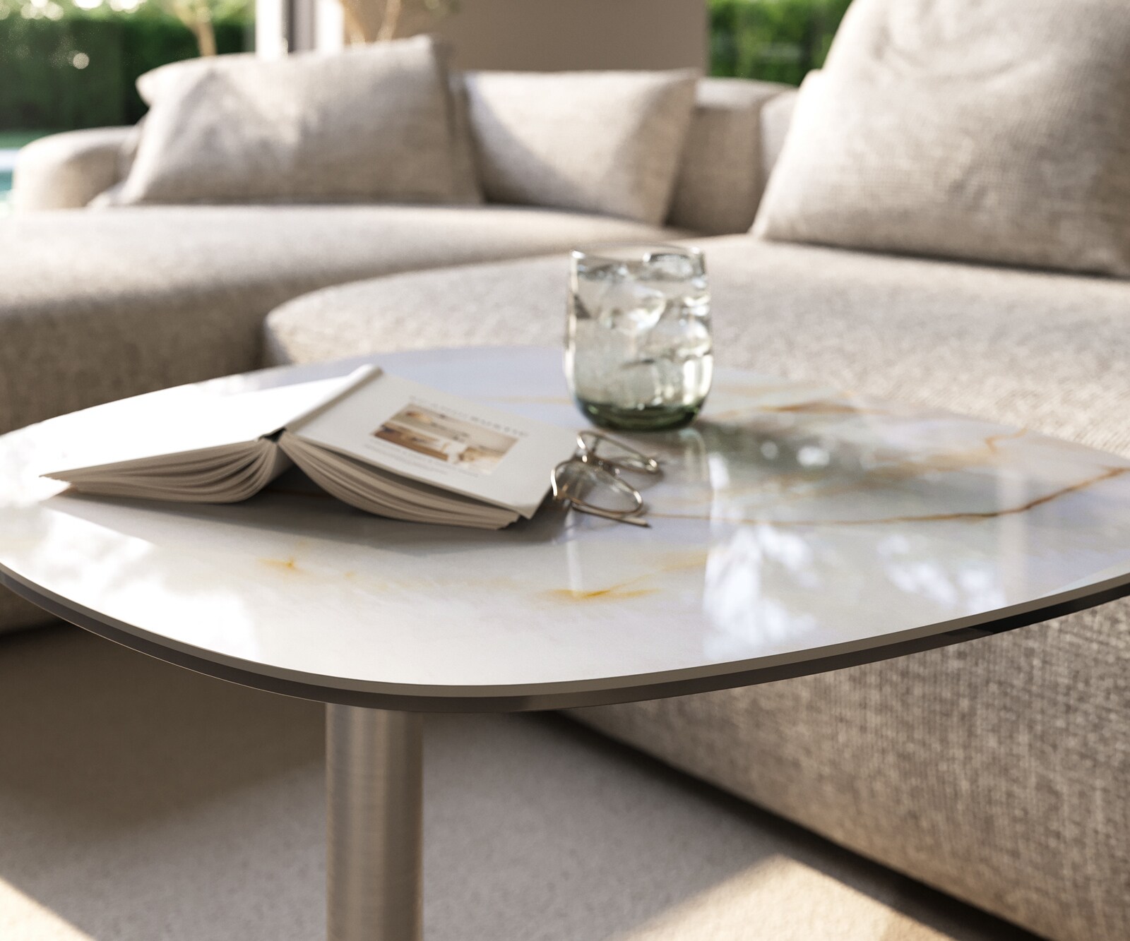 Stolik kawowy Edge w kształcie beczki 60x60 cm ceramika Onyx Pearl podstawa Eleny stal nierdzewna 6