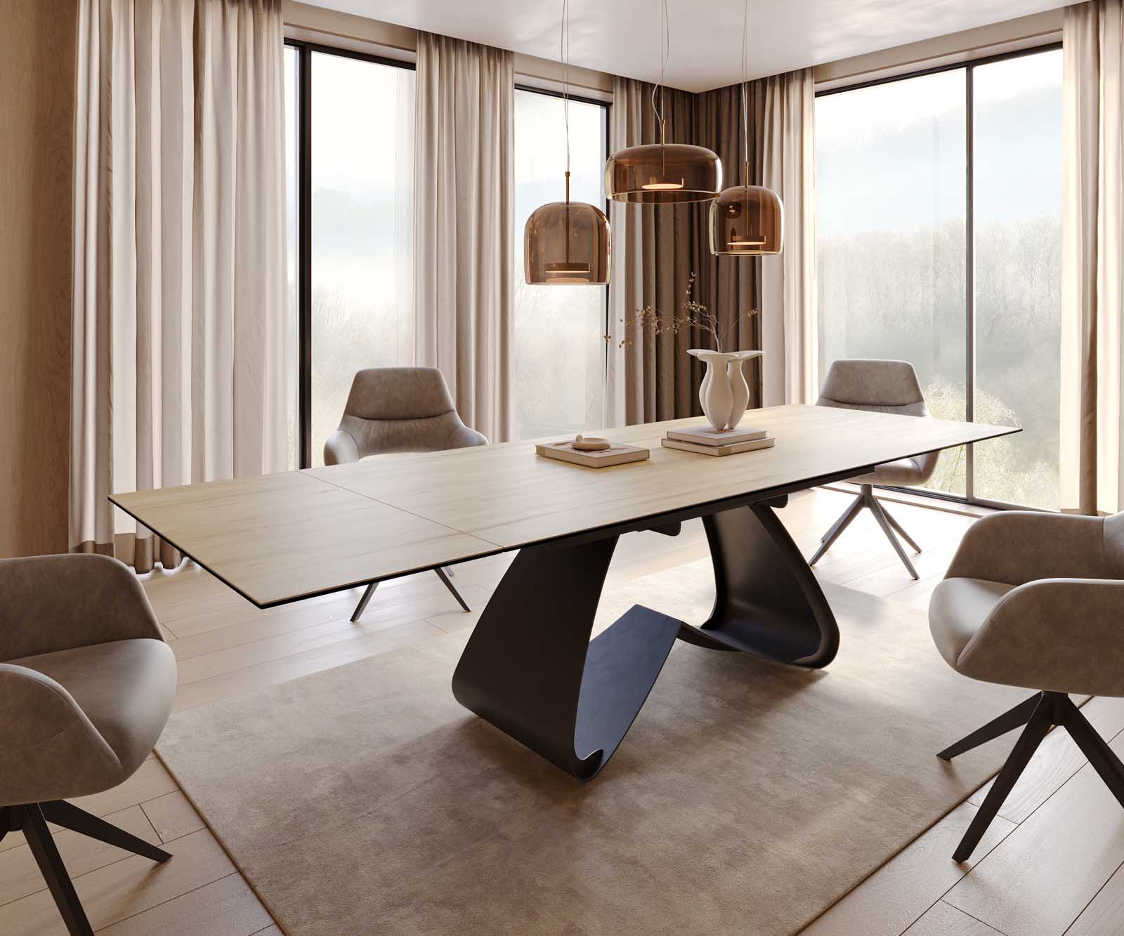 Stół do jadalni Edge 200-300x100 cm ceramika Laminam® Sabbia kolor dębu rama W czarna rozkładany 1