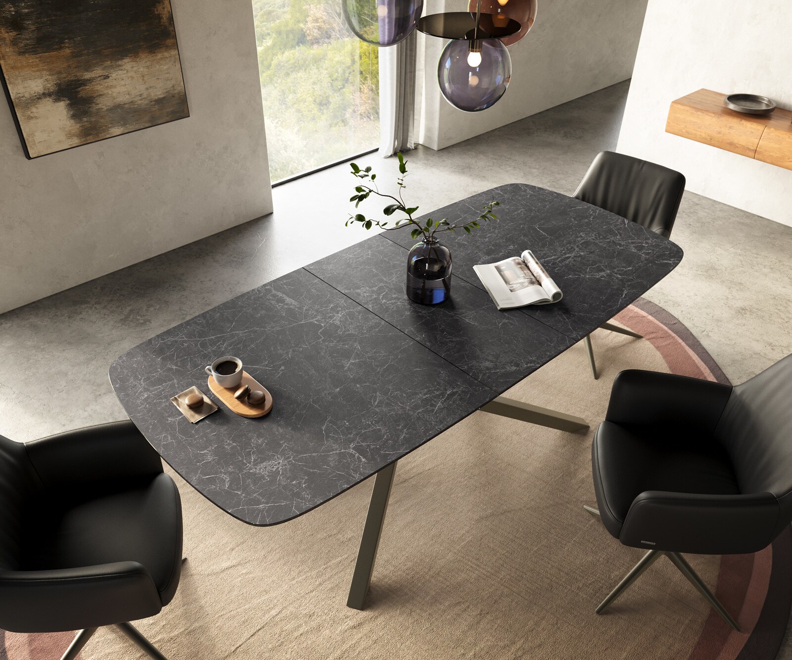 Stół do jadalni Edge w kształcie beczki 180-220x100 cm ceramika Laminam® Nero Greco Anthrazit rama Cross w kolorze tytanu rozkładany 4