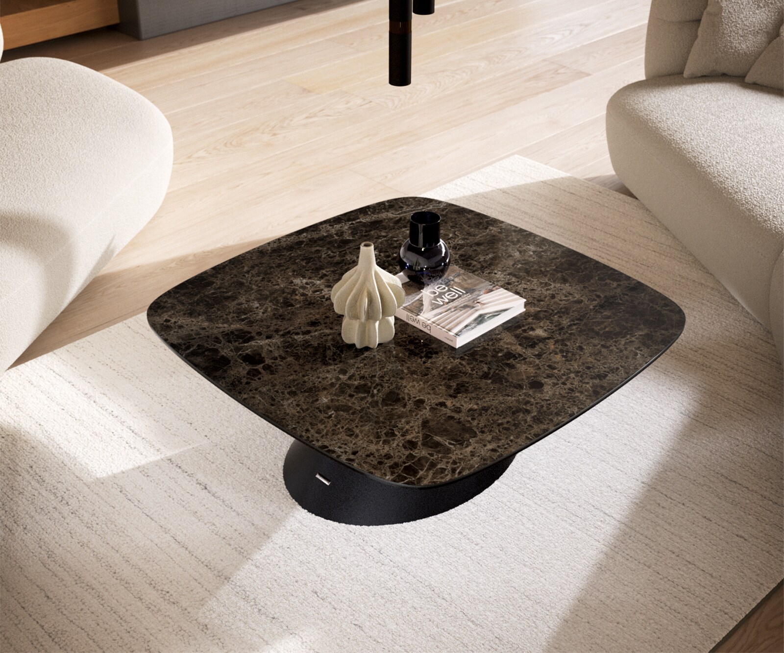 Stolik kawowy Edge w kształcie beczki 90x90 cm ceramika Laminam® Emperador Extra Lucidato ciemnobrązowy Conis czarny metal 4