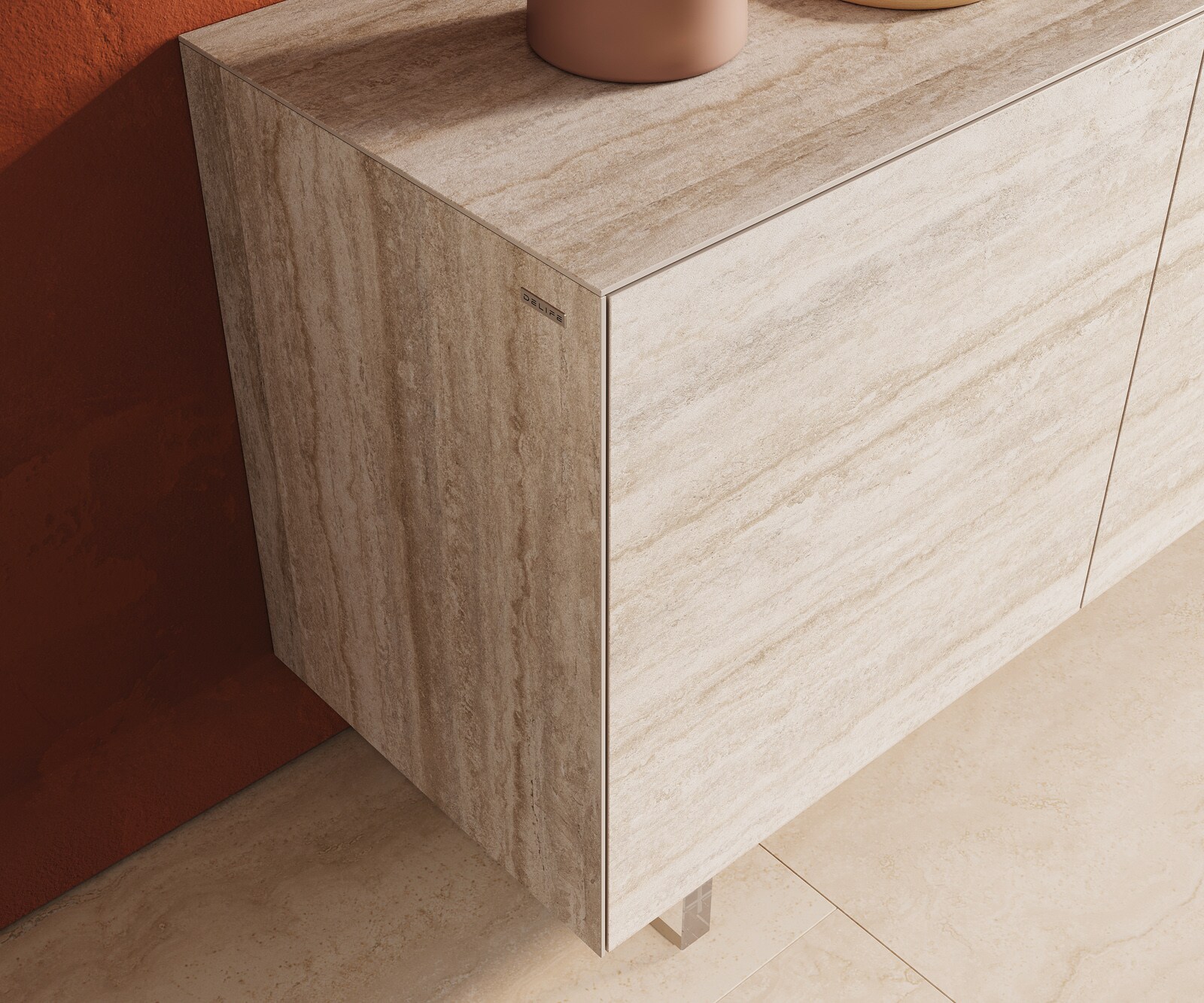 Komoda Cuor 180 cm ceramika Laminam® Travertino Bianco kremowo-biała 2 drzwi 3 szuflady nóżki wąskie szkło akrylowe 6