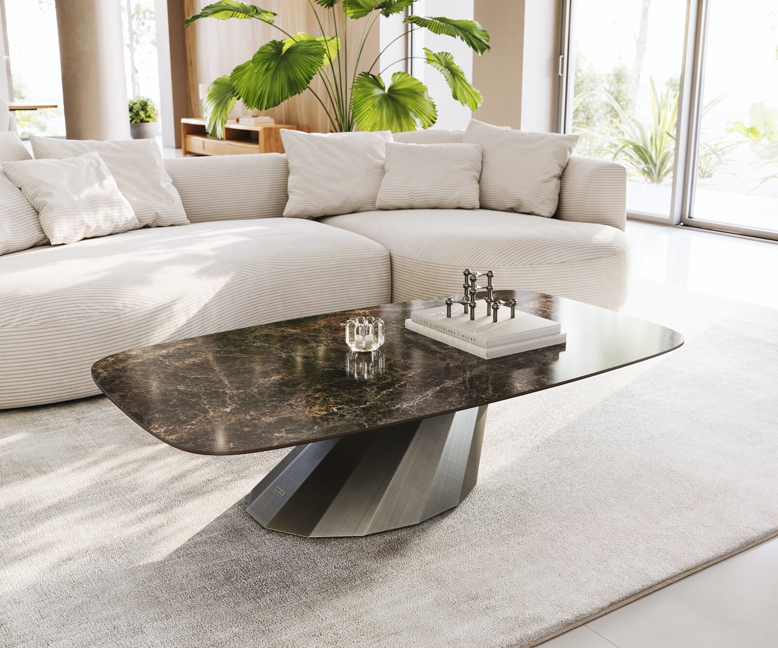 Stolik kawowy Edge w kształcie beczki 140x80 cm ceramika Laminam® Emperador Extra Lucidato ciemnobrązowa podstawa Parabi metaliczny srebrny 1