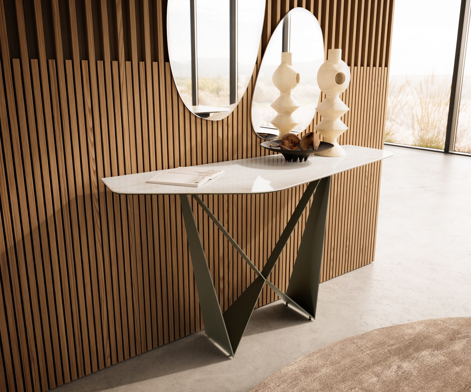 Konsola Edge wielokątna 140x50 cm ceramika Onyx Champagne podstawa Spios metal w kolorze tytanu 1