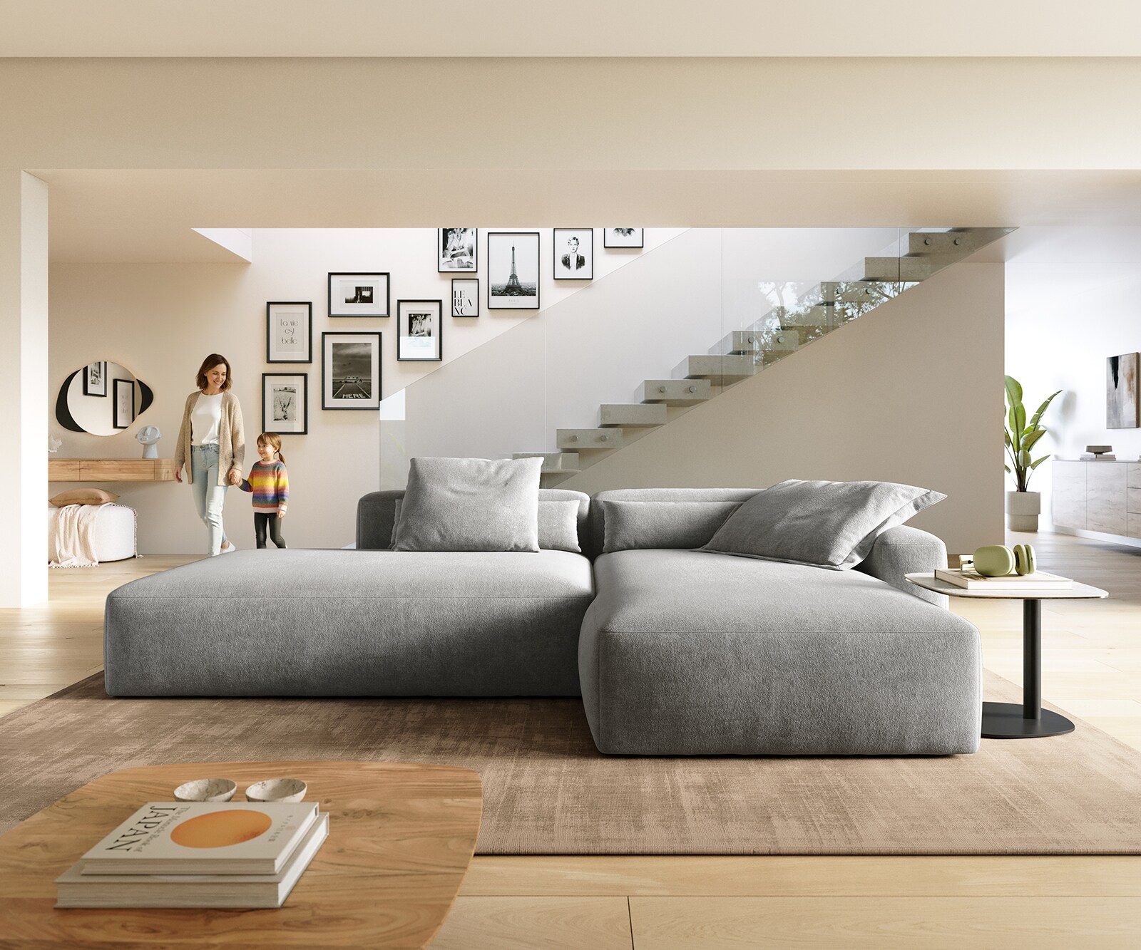 Sofa narożna Freestyle 310x200 cm miękka tkanina strukturalna szara szew płaski