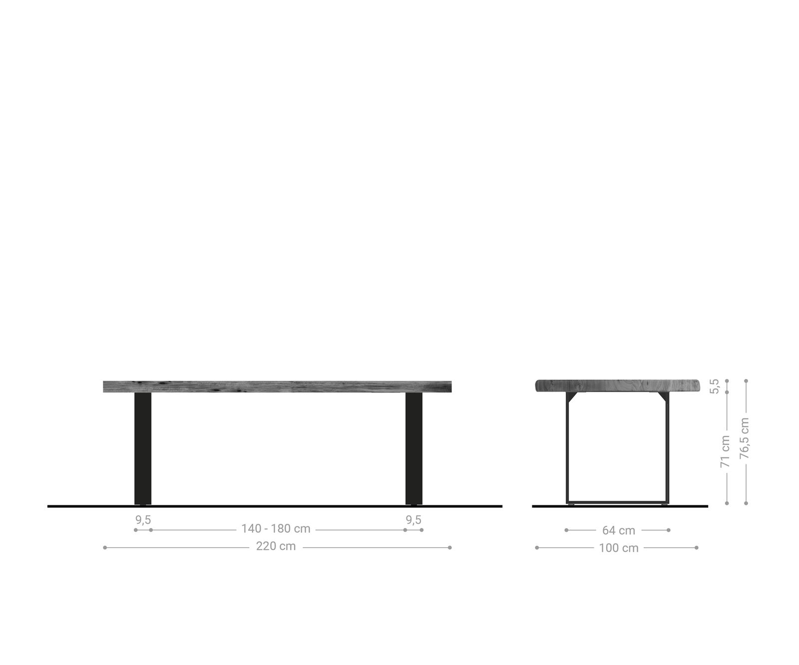 Stół do jadalni Edge 220x100 cm XL akacja platynowa stal nierdzewna wąska rama live-edge 6