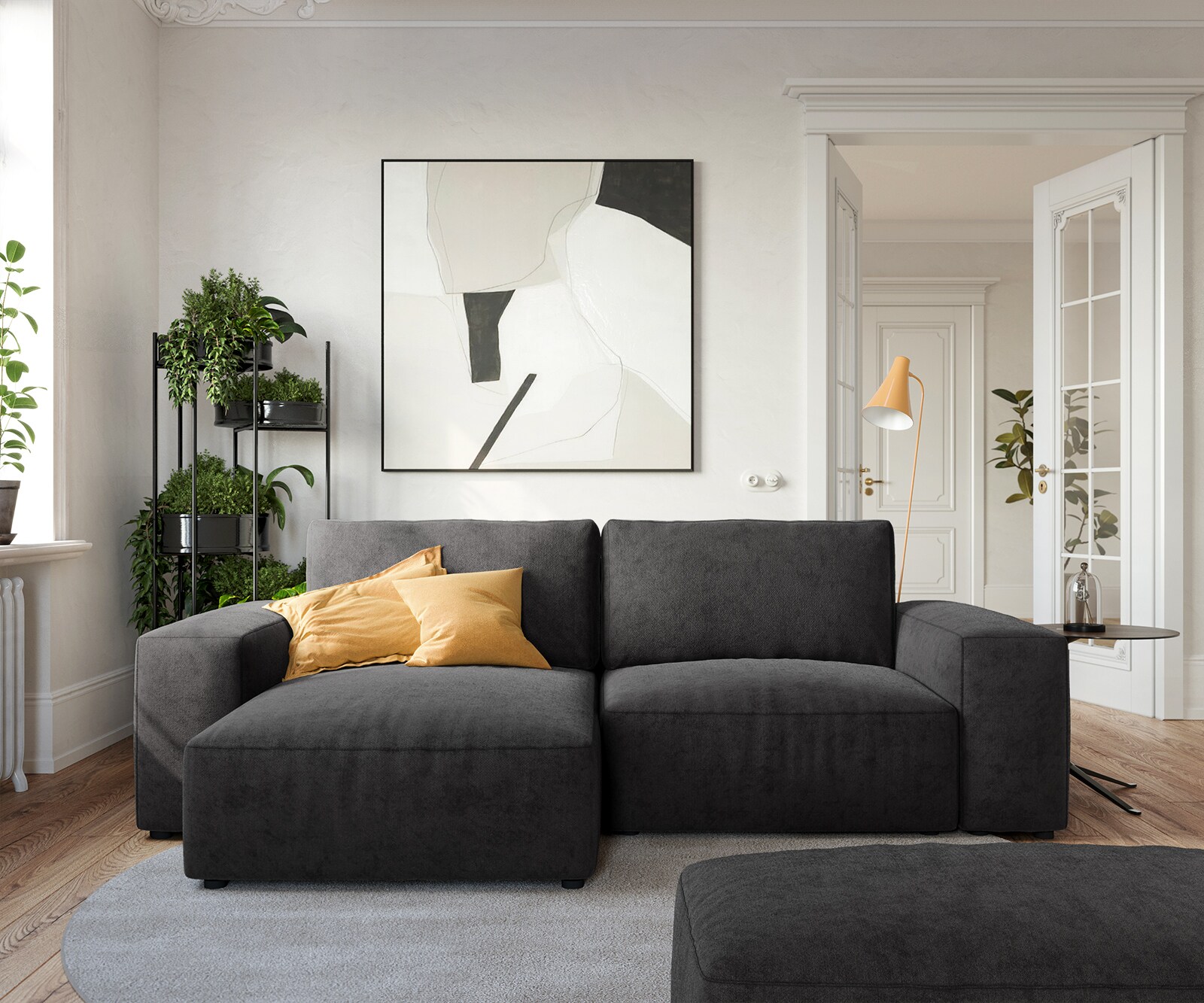 Sofa narożna Lanzo L 260x160 cm mikrofibra czarna szezlong z możliwością obustronnego montażu z pufem 1