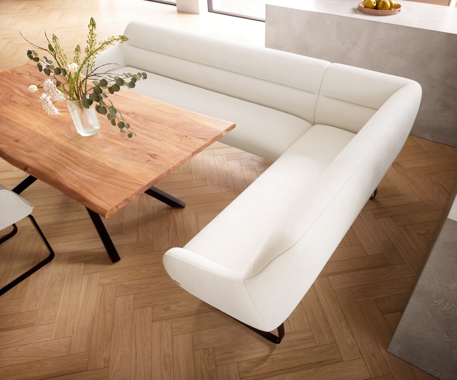 Ławka do jadalni Taya-Flex 285x190 cm bouclé kremowo-biały podstawa płozowa płaska metal czarny sprężyny kieszeniowe lewa 4