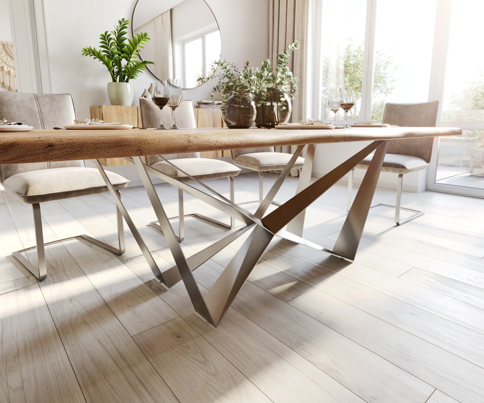 Stół do jadalni Edge 240x100 cm akacja naturalna rama Spider stal nierdzewna live-edge 5