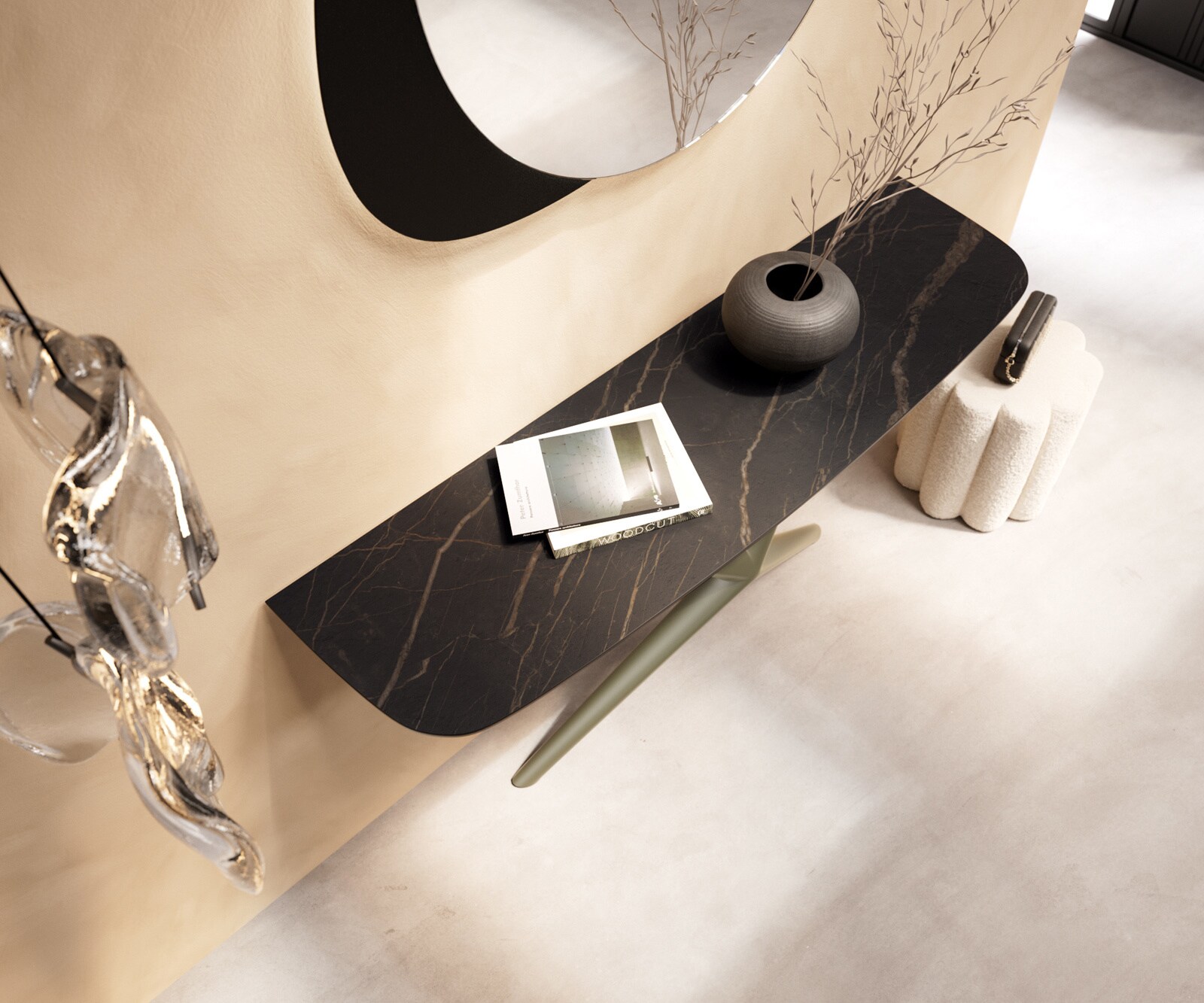 Konsola Edge w kształcie beczki 140x40 cm ceramika Laminam® Noir Desir brązowa rama Estelo metal w kolorze tytanu 2