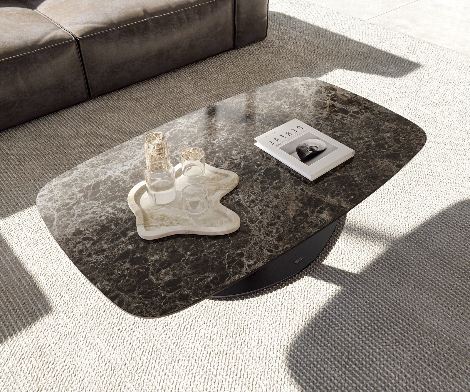 Stolik kawowy Edge w kształcie beczki 120x70 cm ceramika Laminam® Emperador Extra Lucidato ciemnobrązowy Vibany czarny metal 3