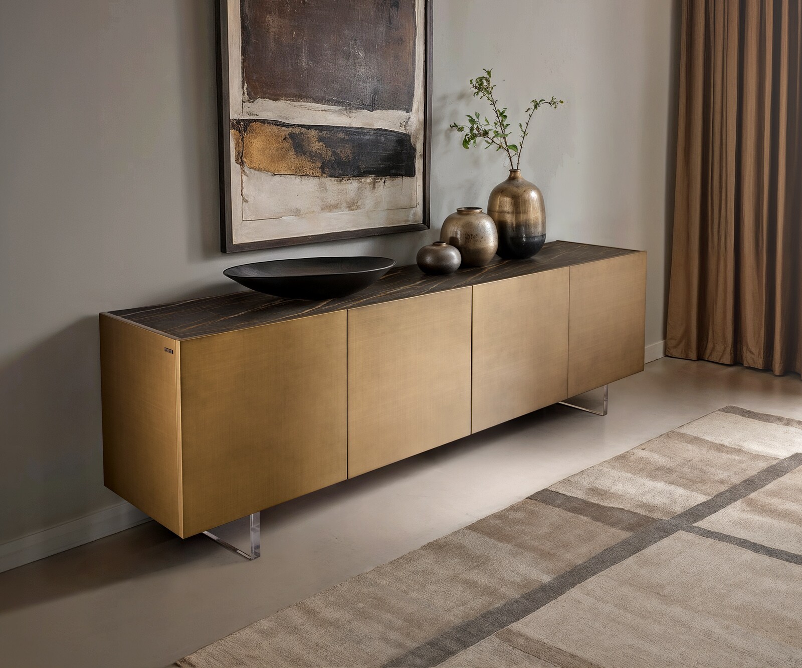 Komoda Kazu 220 cm metaliczny złoty 4 drzwi nożk wąskie metal czarny ceramika Laminam® Noir Desir brązowy 1