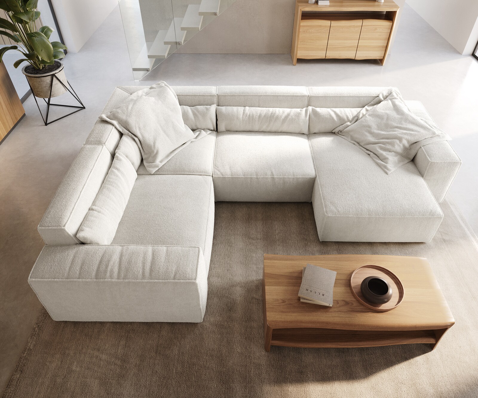 Sofa w kształcie litery U Sirpio 300x210 cm bouclé kremowo-biały szezlong z możliwością obustronnego montażu 4