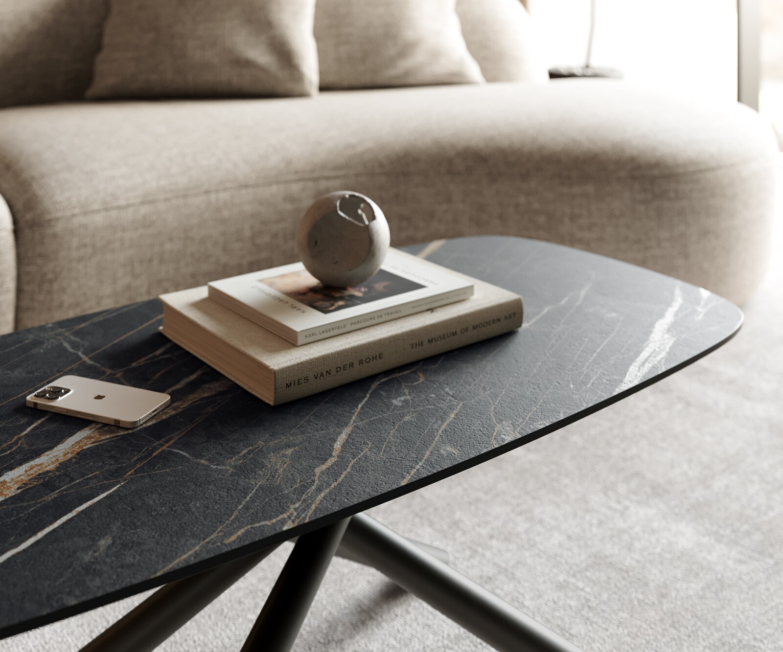 Stolik kawowy Edge w kształcie beczki 100x50 cm ceramika Laminam® Noir Desir brązowy Sarity czarny metal 5