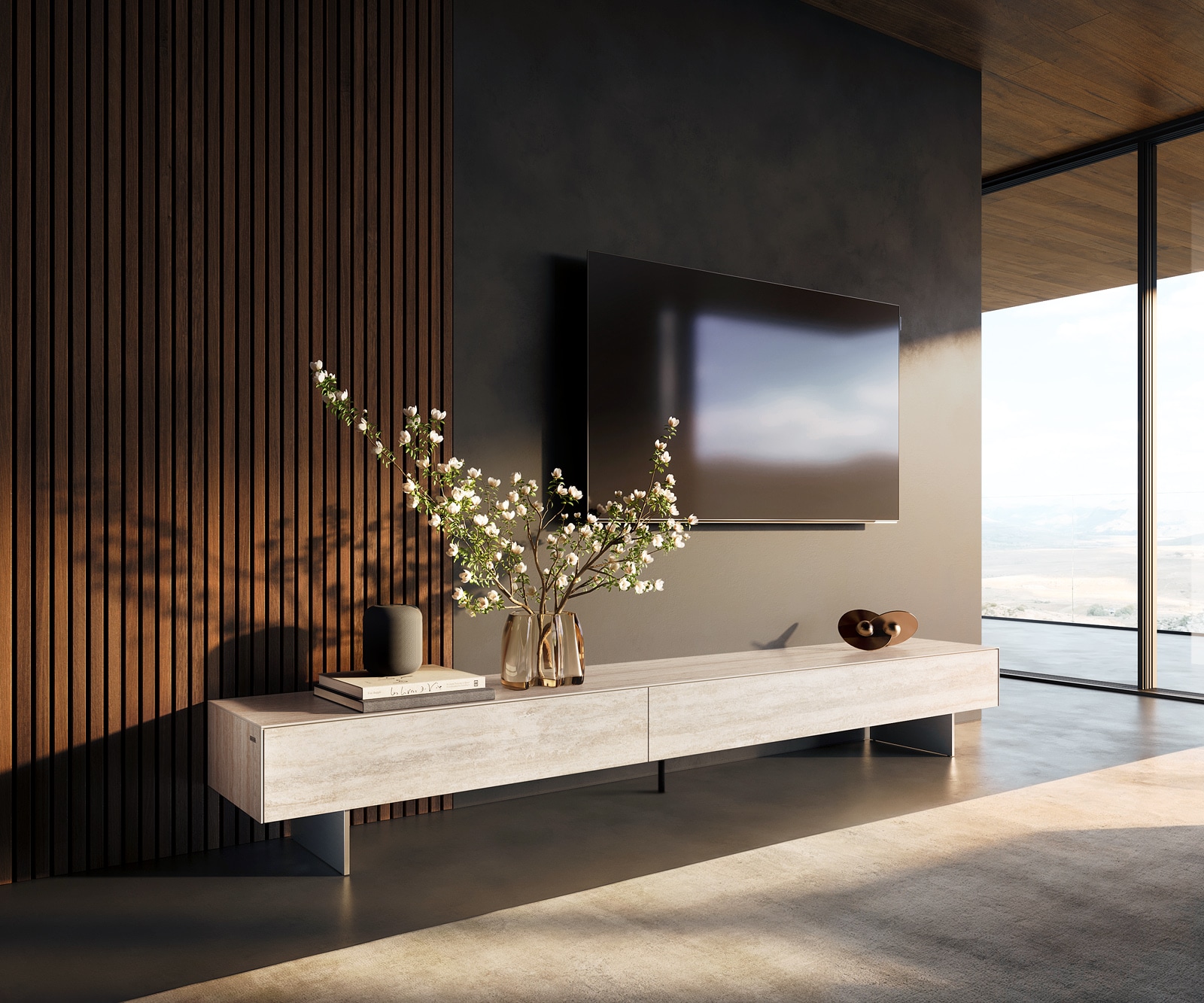 Szafka RTV Cuor 250 cm ceramika Laminam® Travertino Bianco kremowo-biała 1 klapa 1 szuflada nóżki wąskie stal nierdzewna 1