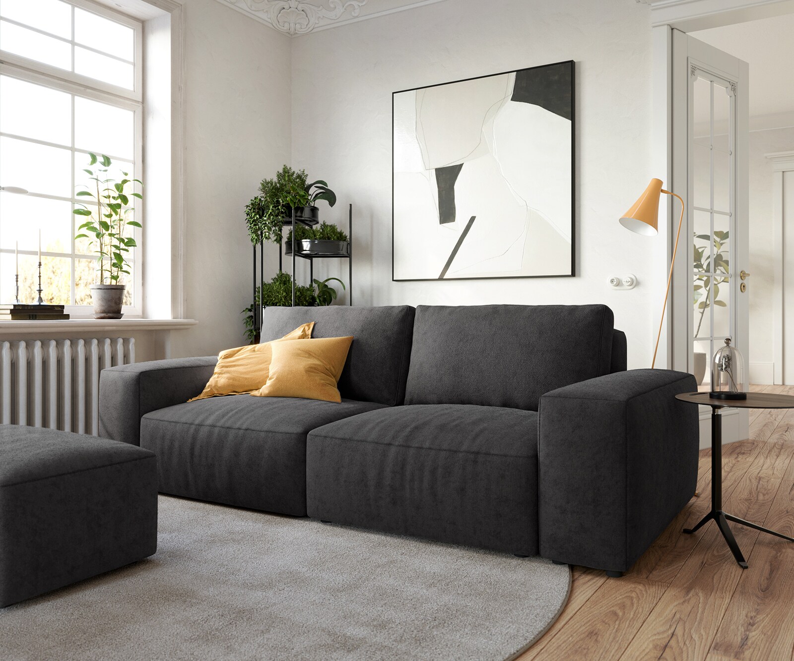 Duża sofa Lanzo L 250x105 cm mikrofibra czarna z pufem