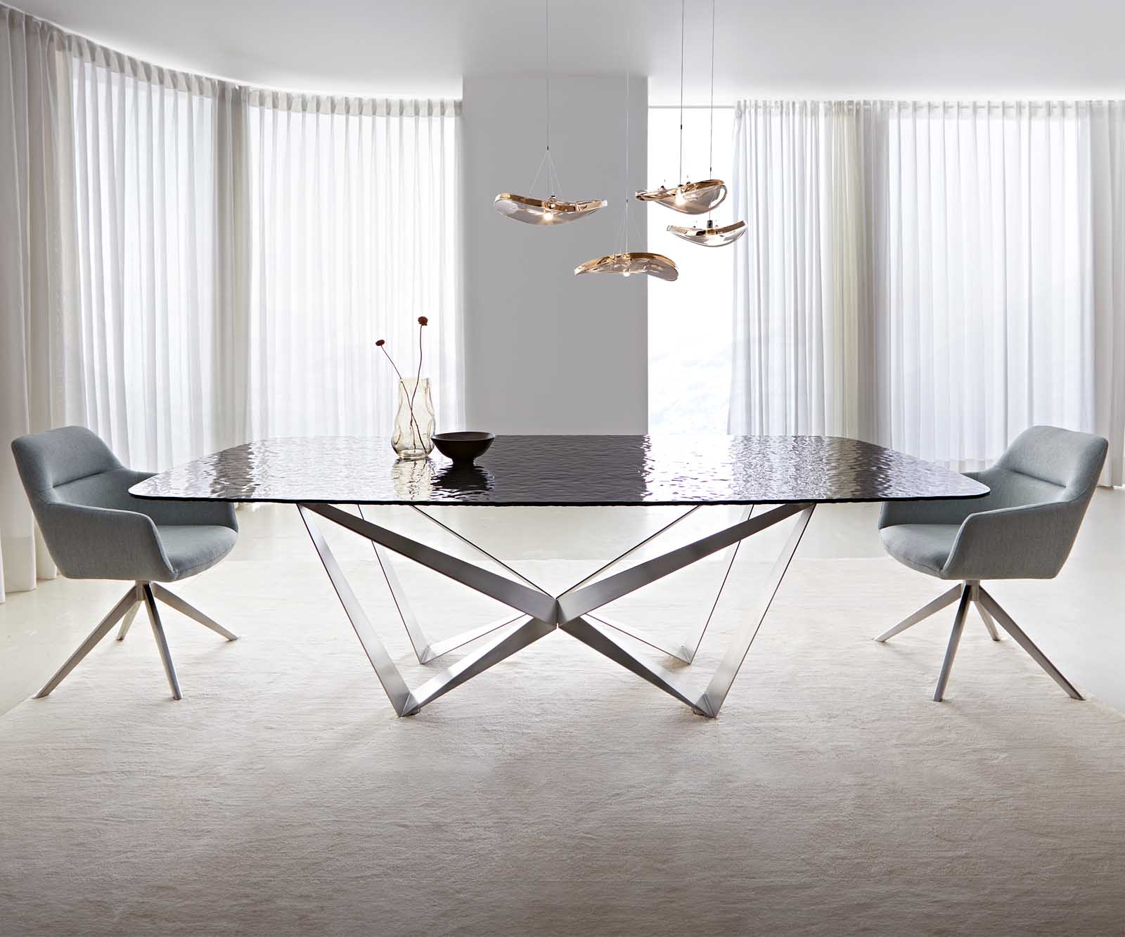 Stół do jadalni Edge kształt beczki 240x120cm szkło reliefowe czarne efekt 3D rama Spider stal nierdzewna 1
