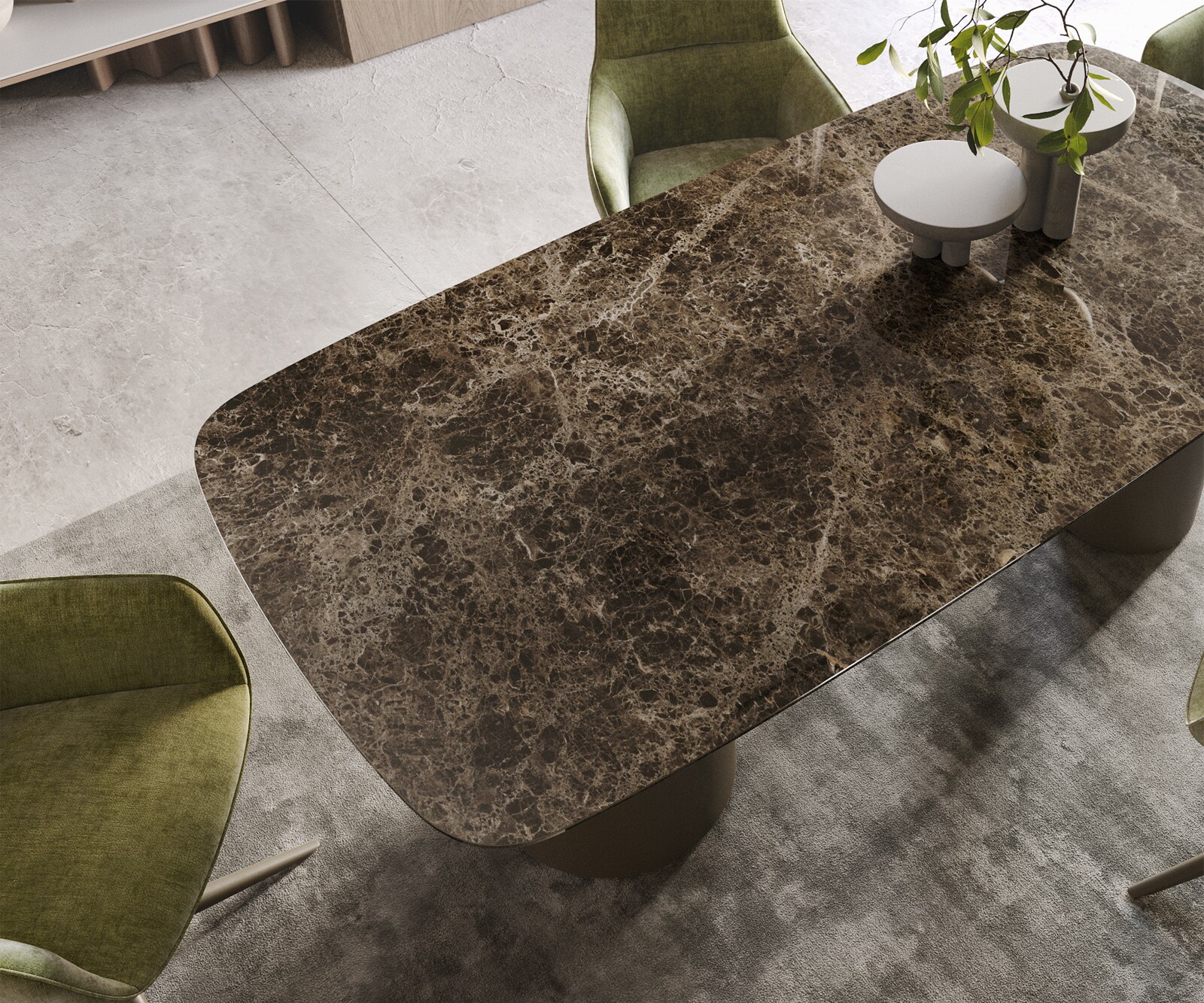 Stół do jadalni Edge kształt beczki 200x100cm ceramika Emperador Extra Lucidato ciemnobrązowy rama Troa metal kolor tytanowy 4