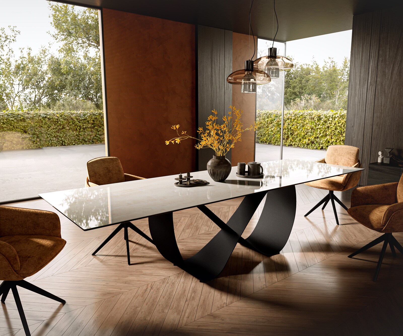 Stół do jadalni Edge 300x100 cm ceramika Onyx Champagne rama Infinity metal czarny 1