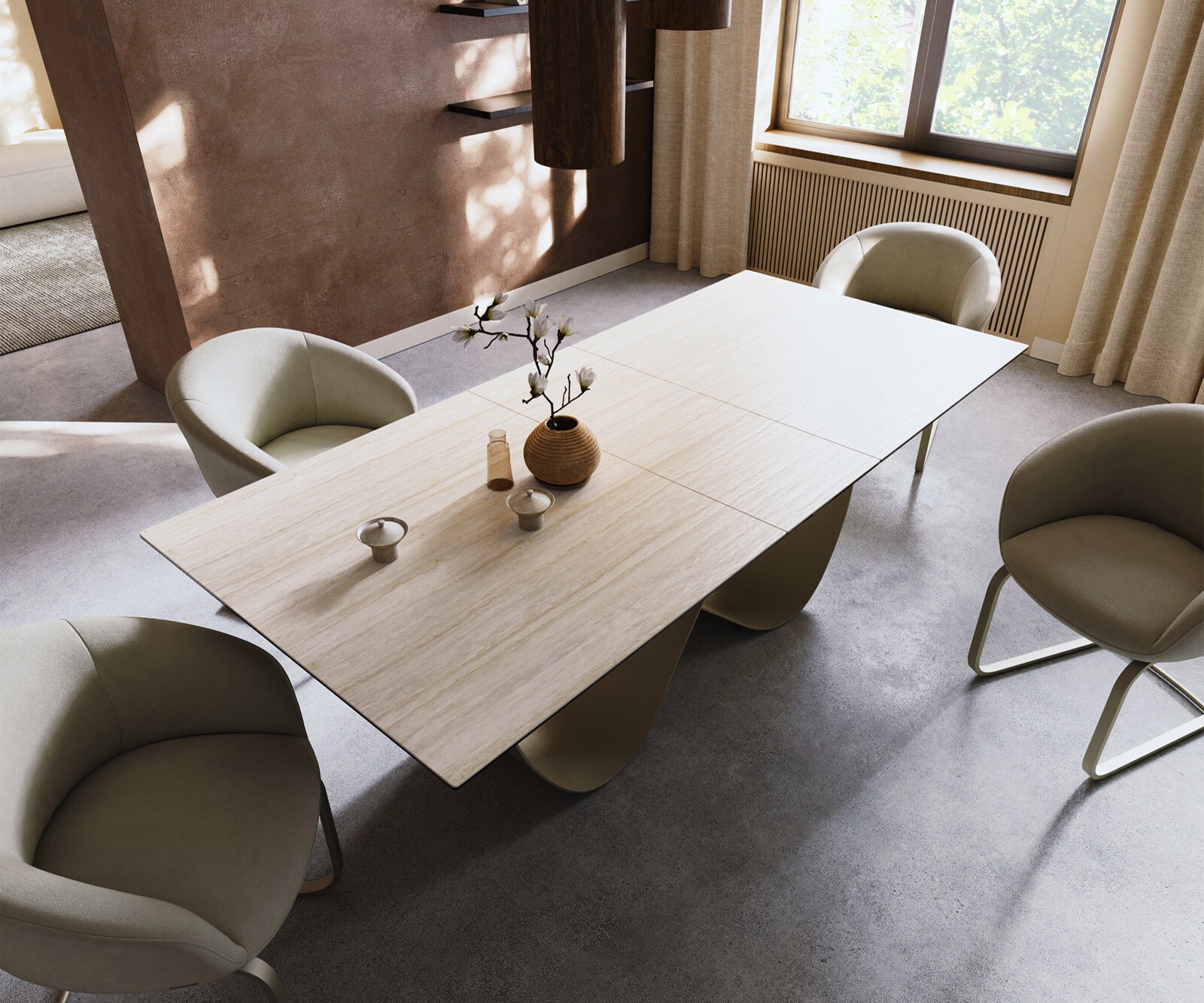 Stół do jadalni Edge 180-220x100cm ceramika Laminam® Travertino Bianco kremowo-biały rama Infinity metal kolor tytanowy rozkładany 3